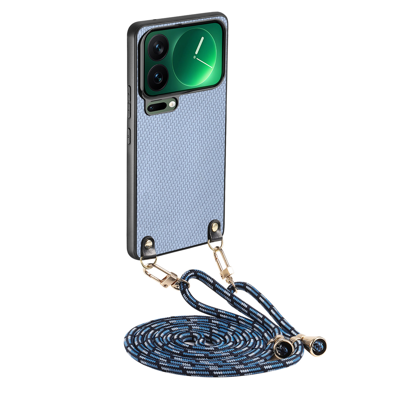 For Xiaomi 17 Pro Case Carbon Fiber Texture PU + PC + TPU Anti Drop Phone Cover with Crossbody Lanyard - Blue