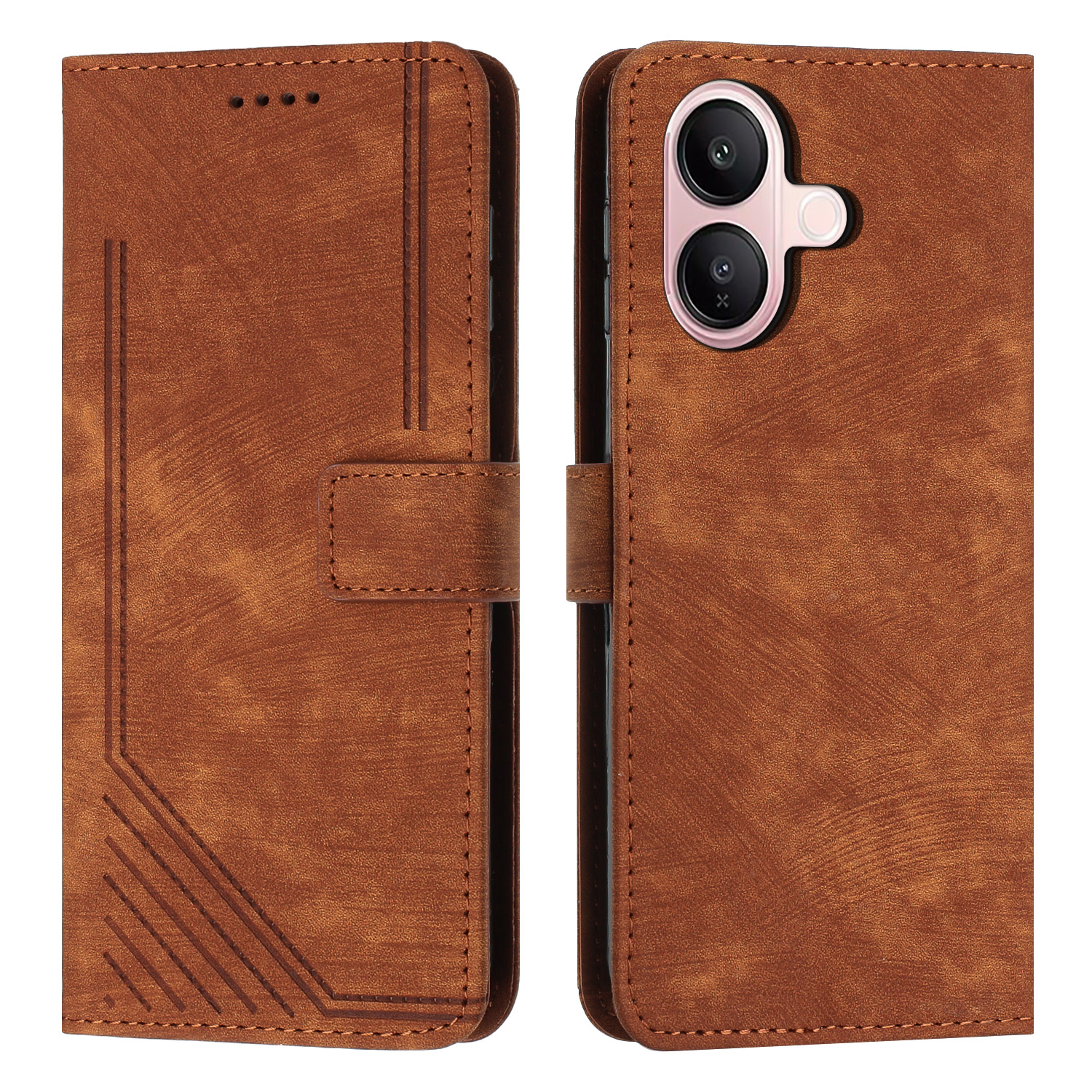 For vivo V60 Lite 4G / vivo V60 Lite 5G Stand Case Imprinted Lines Leather Phone Cover - Brown