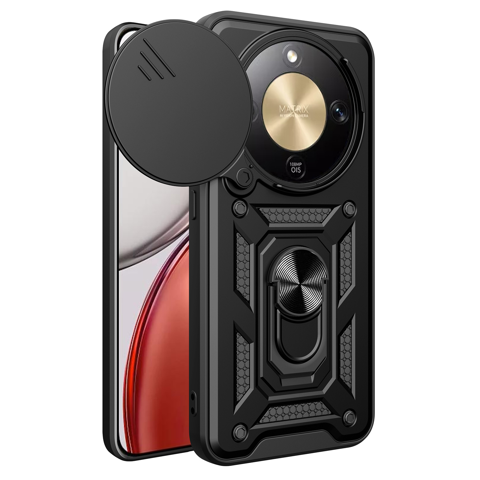 AMORUS For Honor Magic8 Lite 5G / X9d 5G / X70 5G Case Kickstand PC + TPU Phone Cover with Camera Lens Slider - Black
