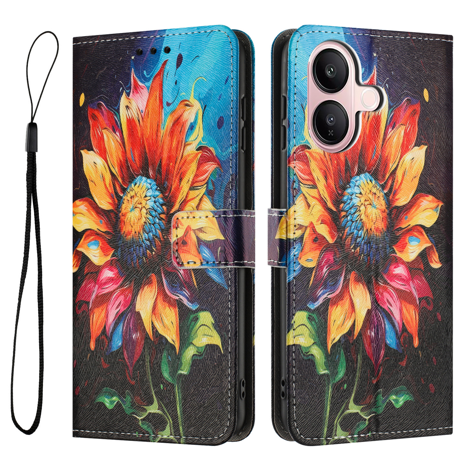 For vivo V60 Lite 4G / vivo V60 Lite 5G Wallet Case Pattern Printing PU Leather Phone Cover with Lanyard - Sunflower