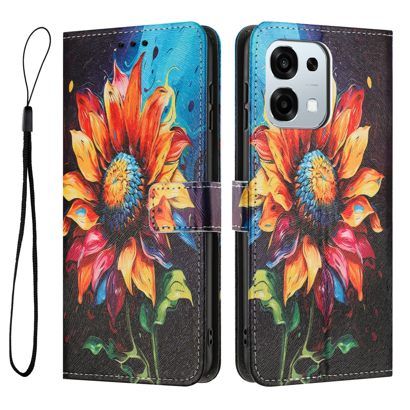 For Oppo F31 5G / Oppo A6 Pro 5G / Oppo A6 Pro 4G Wallet Case Pattern Printing PU Leather Phone Cover with Lanyard - Sunflower