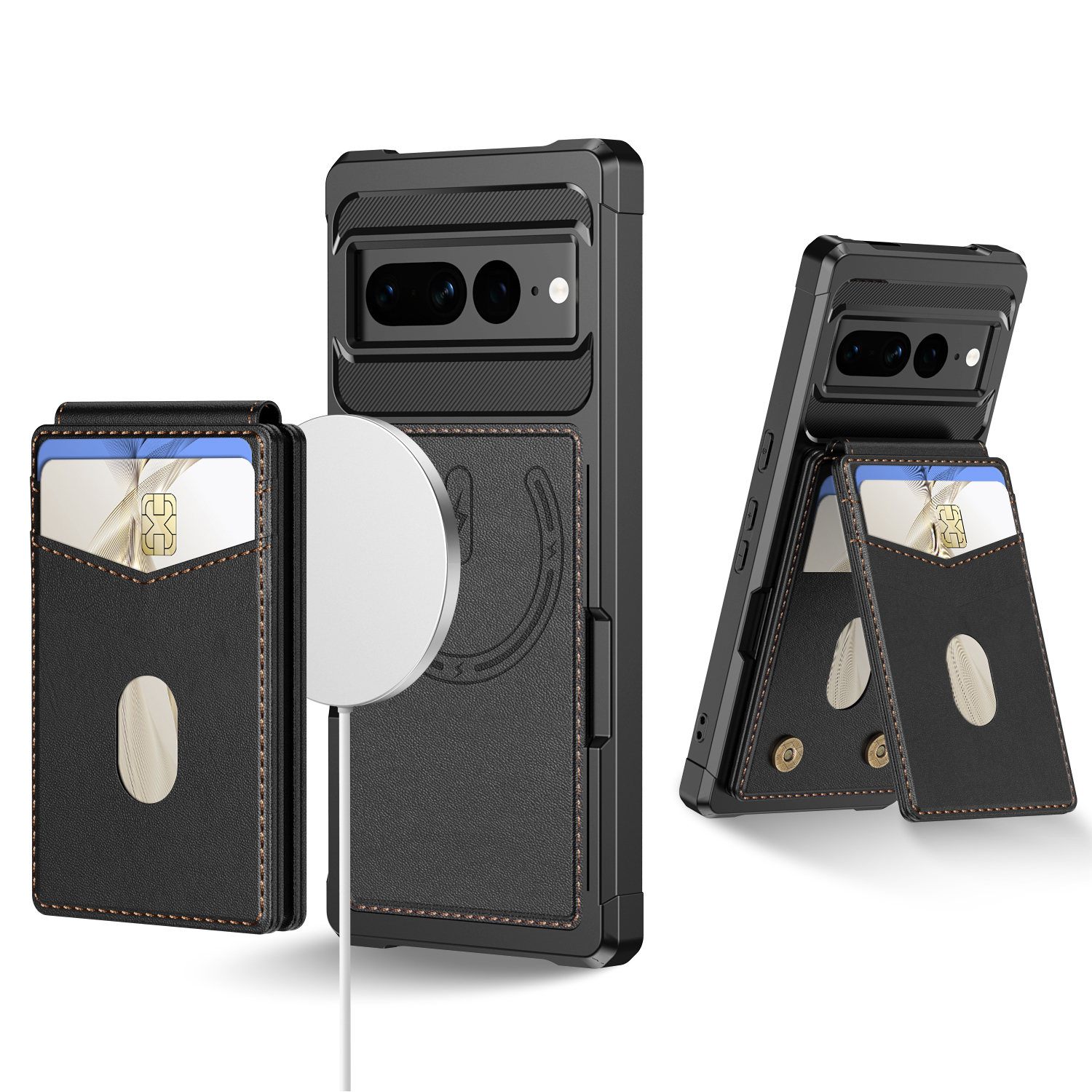 For Google Pixel 7 Pro 5G Magnetic Case Detachable Card Slot Kickstand Leather + TPU Phone Cover - Black