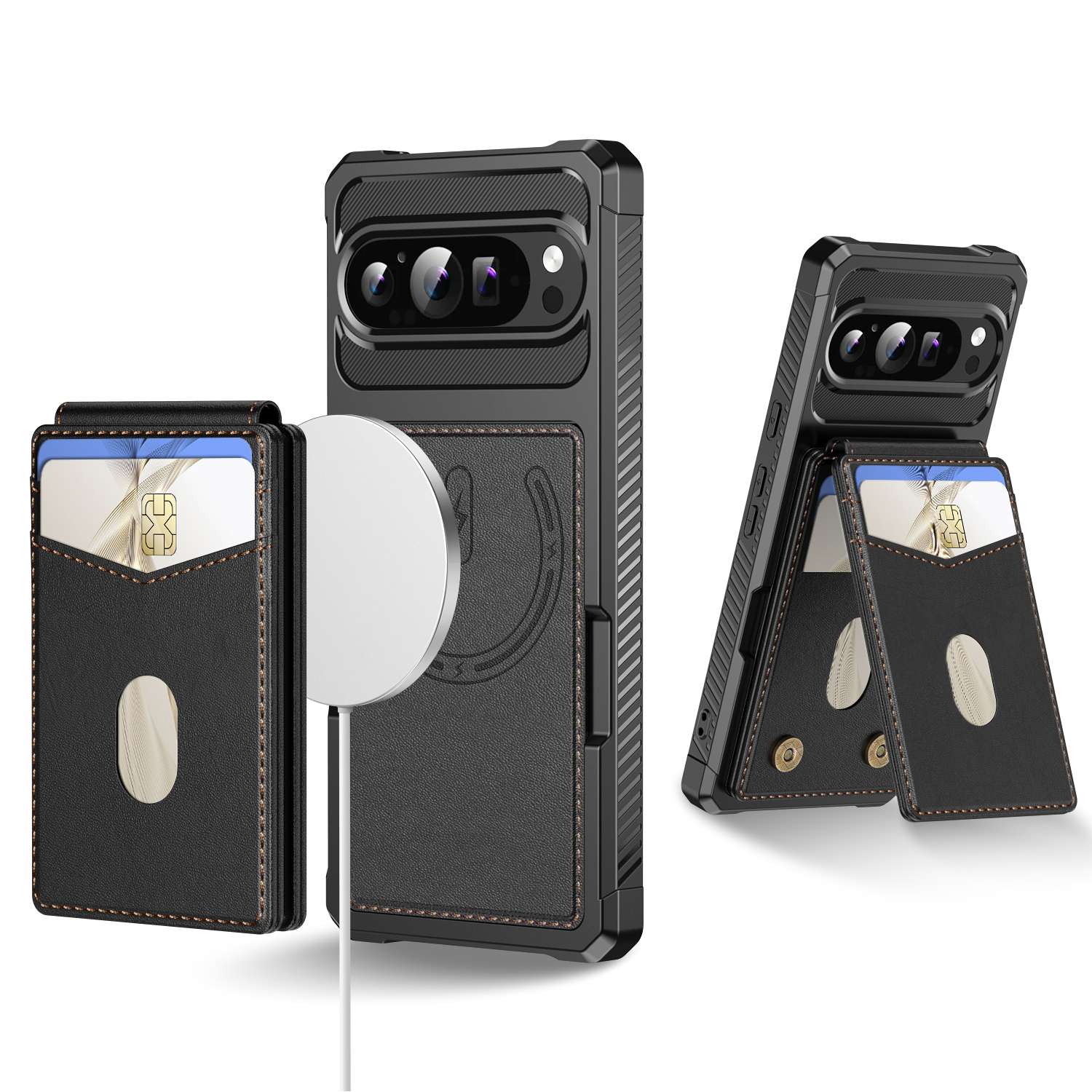For Google Pixel 9 Pro XL Magnetic Case Detachable Card Slot Kickstand Leather + TPU Phone Cover - Black