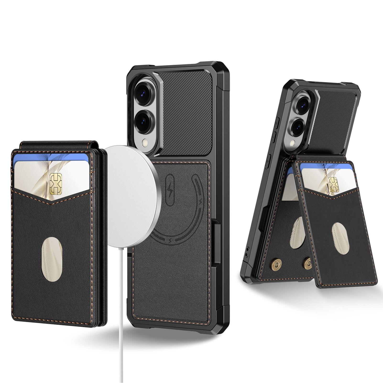 For Samsung Galaxy S25 Edge Magnetic Case Detachable Card Slot Kickstand Leather + TPU Phone Cover - Black
