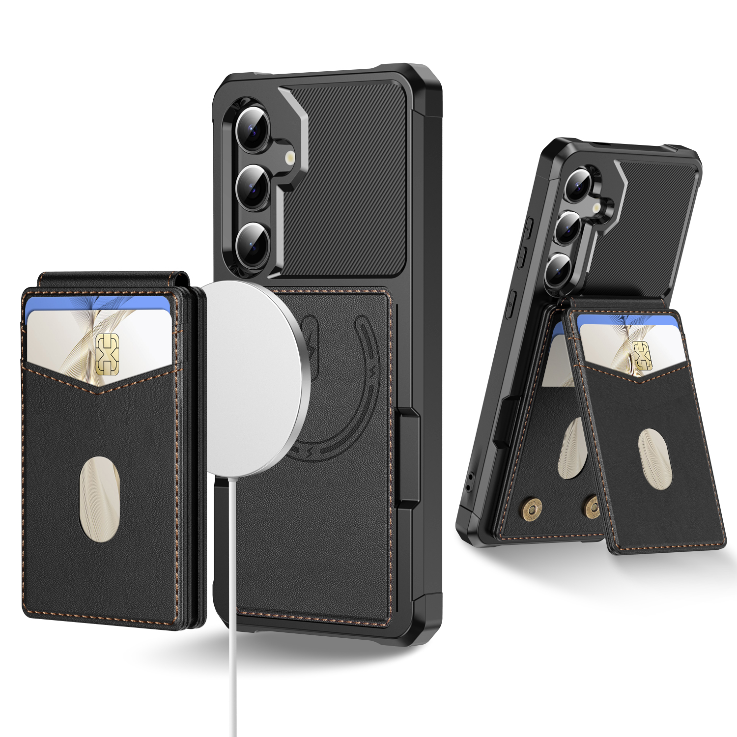 For Samsung Galaxy S23 FE Magnetic Case Detachable Card Slot Kickstand Leather + TPU Phone Cover - Black