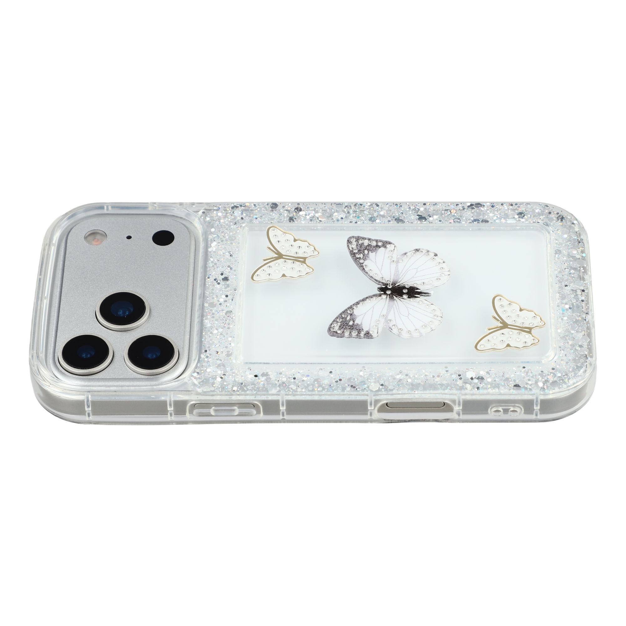For iPhone 17 Pro Max Case DIY Butterfly Glitter Epoxy Soft TPU Phone Back Cover - White