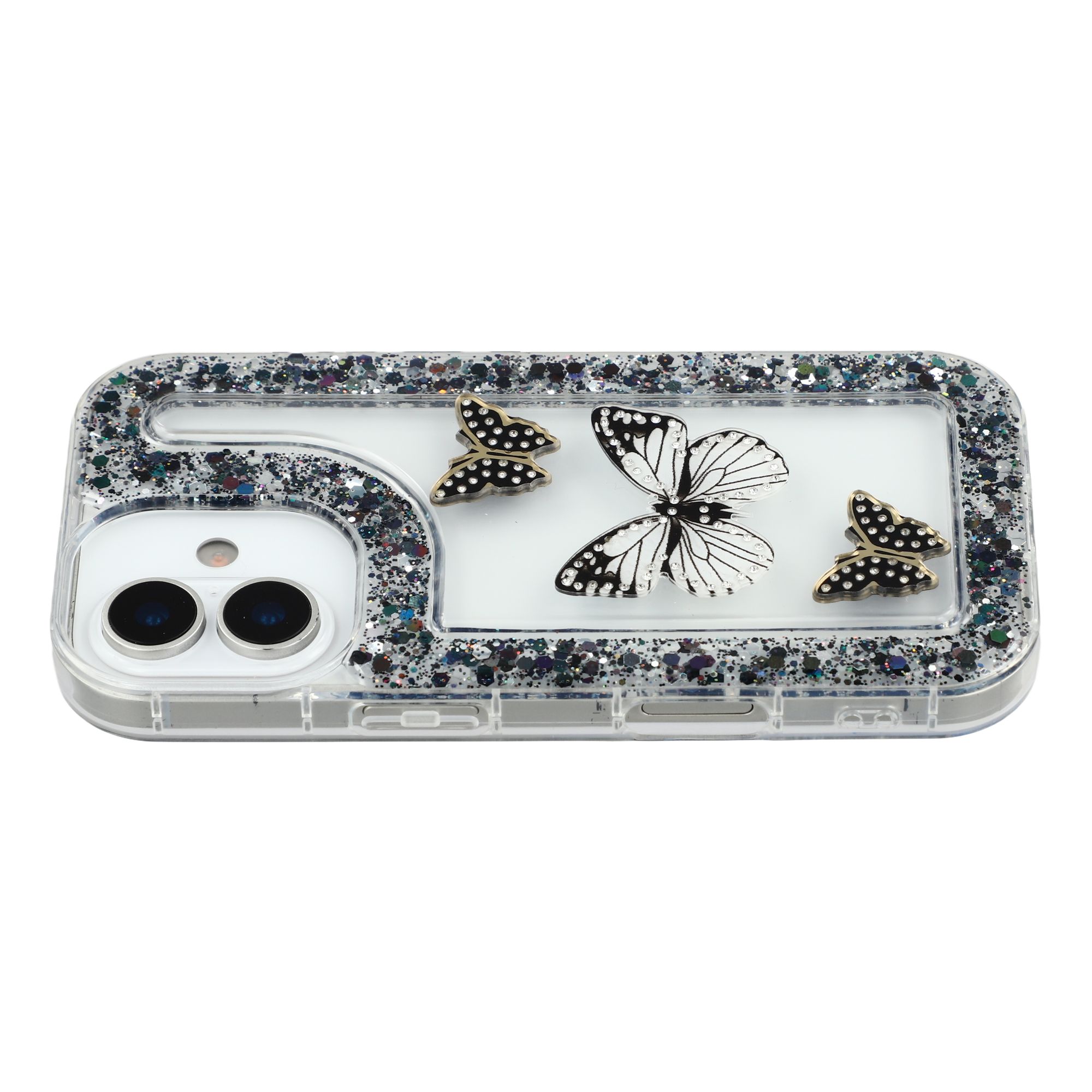For iPhone 16 Case DIY Butterfly Glitter Epoxy Soft TPU Phone Back Cover - Black