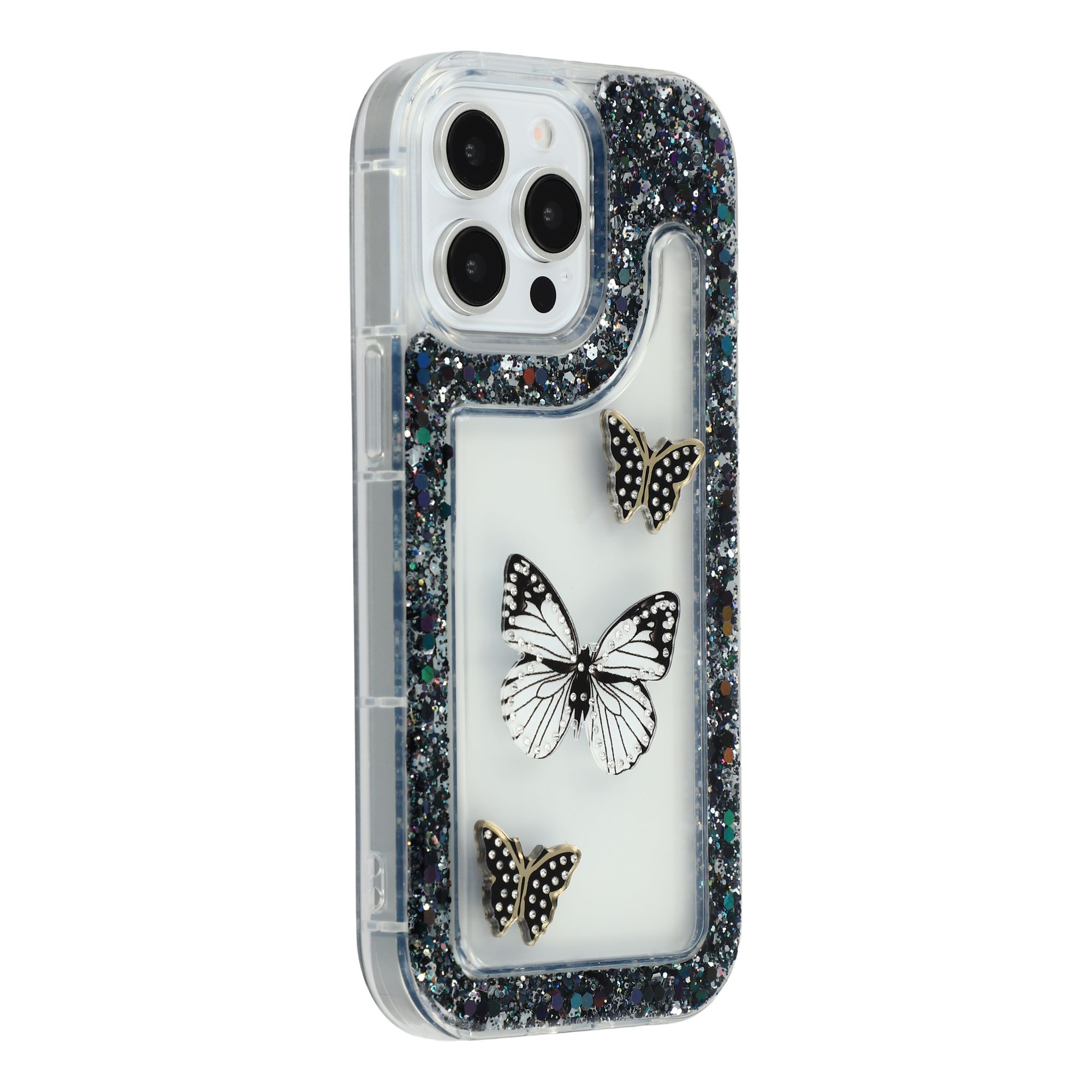 For iPhone 14 Pro Max Case DIY Butterfly Glitter Epoxy Soft TPU Phone Back Cover - Black