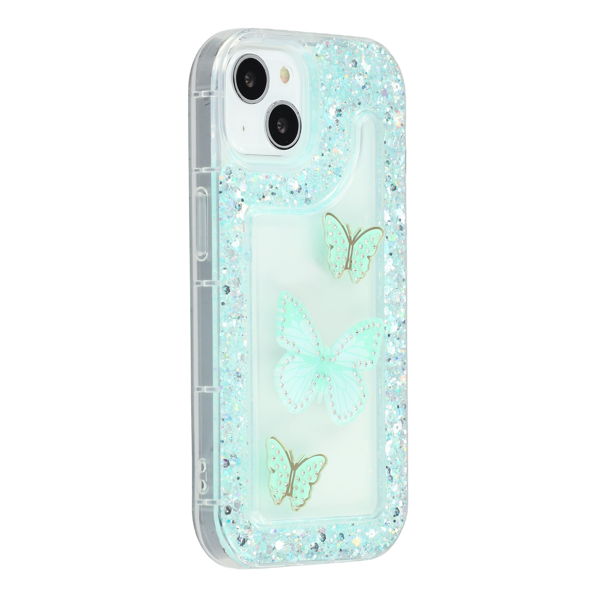 For iPhone 15 Case DIY Butterfly Glitter Epoxy Soft TPU Phone Back Cover - Green