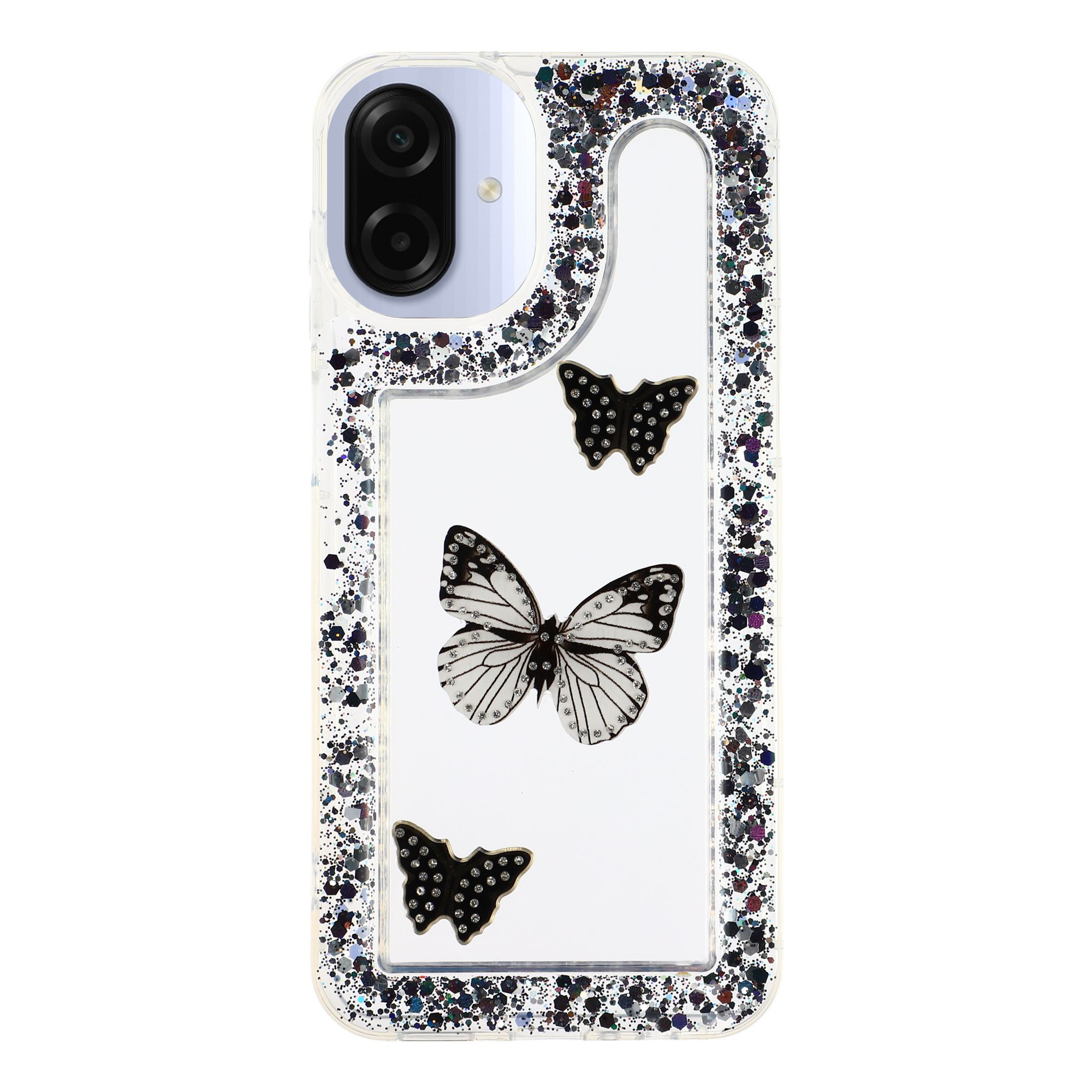 For Samsung Galaxy A07 4G Case DIY Butterfly Glitter Epoxy Soft TPU Phone Back Cover - Black