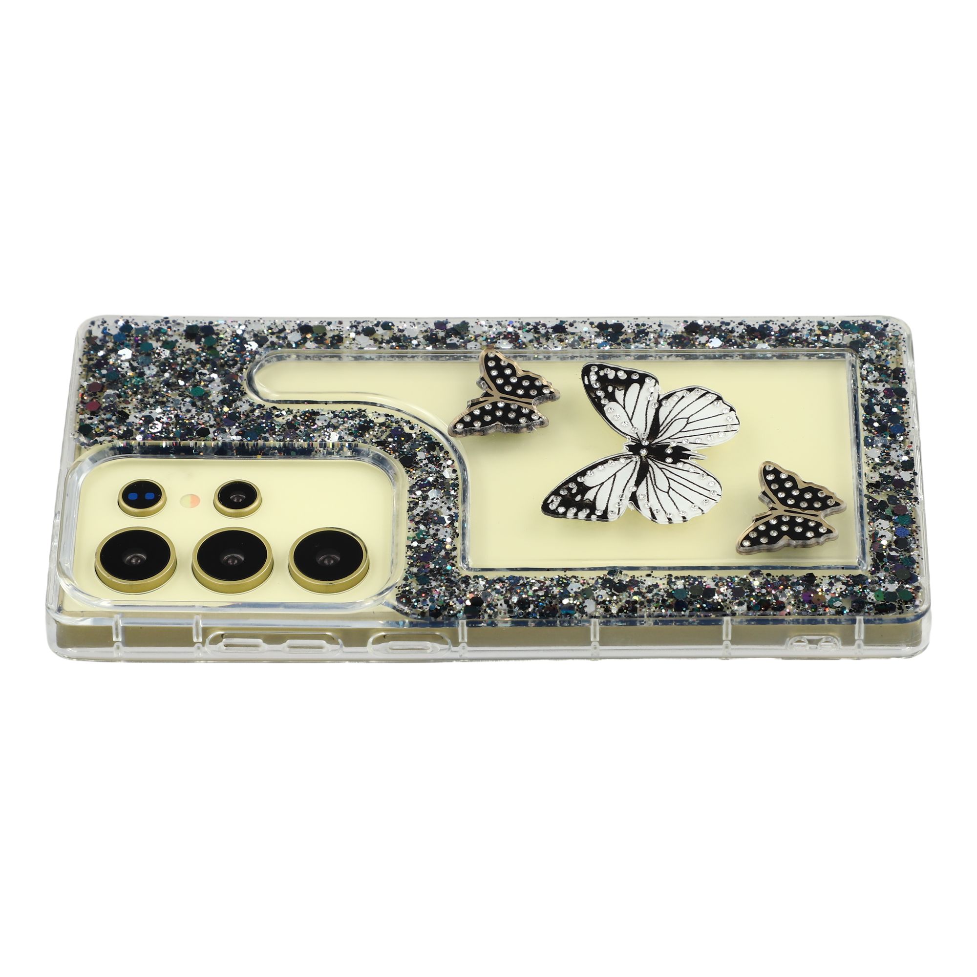 For Samsung Galaxy S24 Ultra Case DIY Butterfly Glitter Epoxy Soft TPU Phone Back Cover - Black