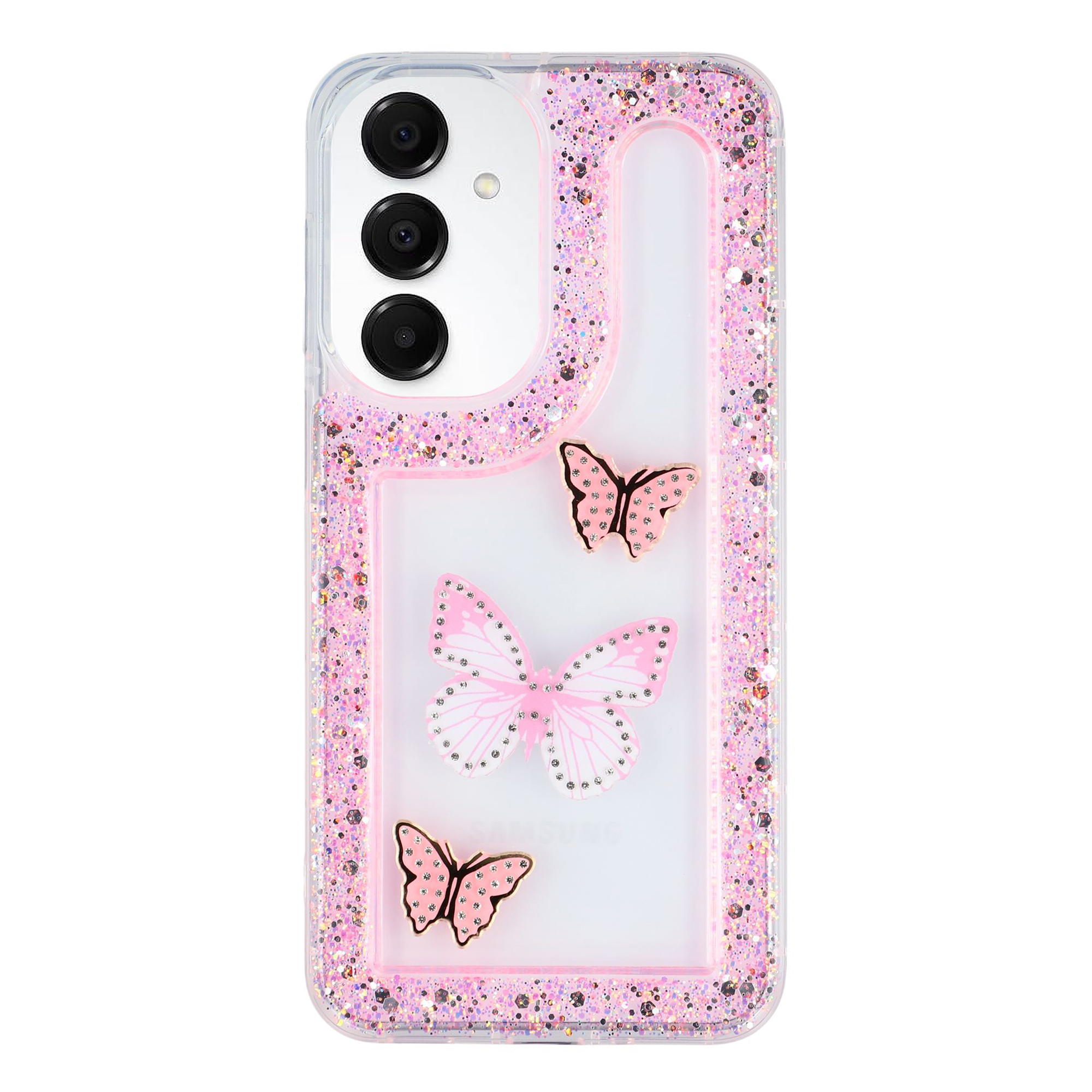For Samsung Galaxy A14 5G Case DIY Butterfly Glitter Epoxy Soft TPU Phone Back Cover - Pink