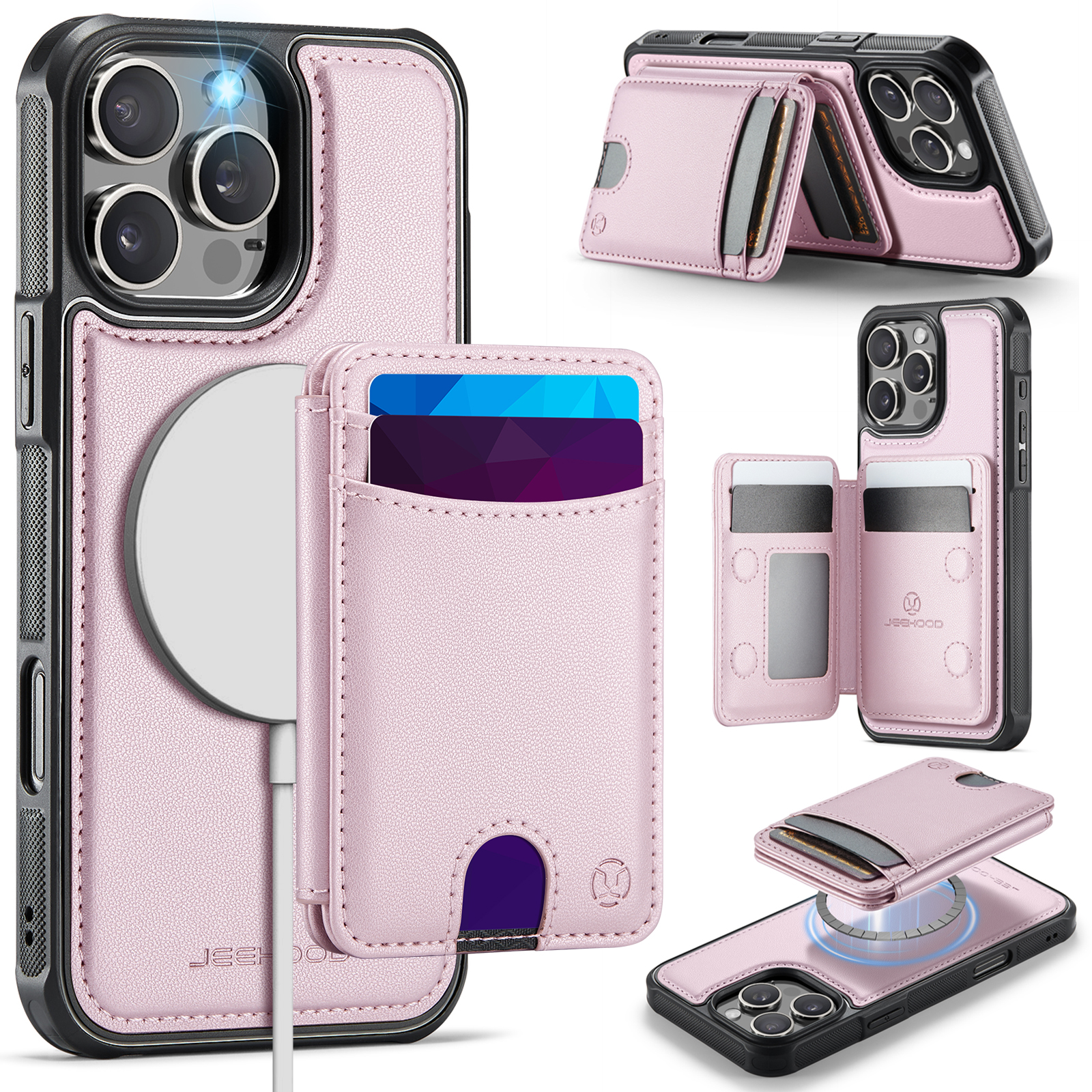 JEEHOOD For iPhone 16 Pro Max Case  J10  Compatible with MagSafe Leather Back Phone Cover with Detachable Card Holder Kickstand - Pink