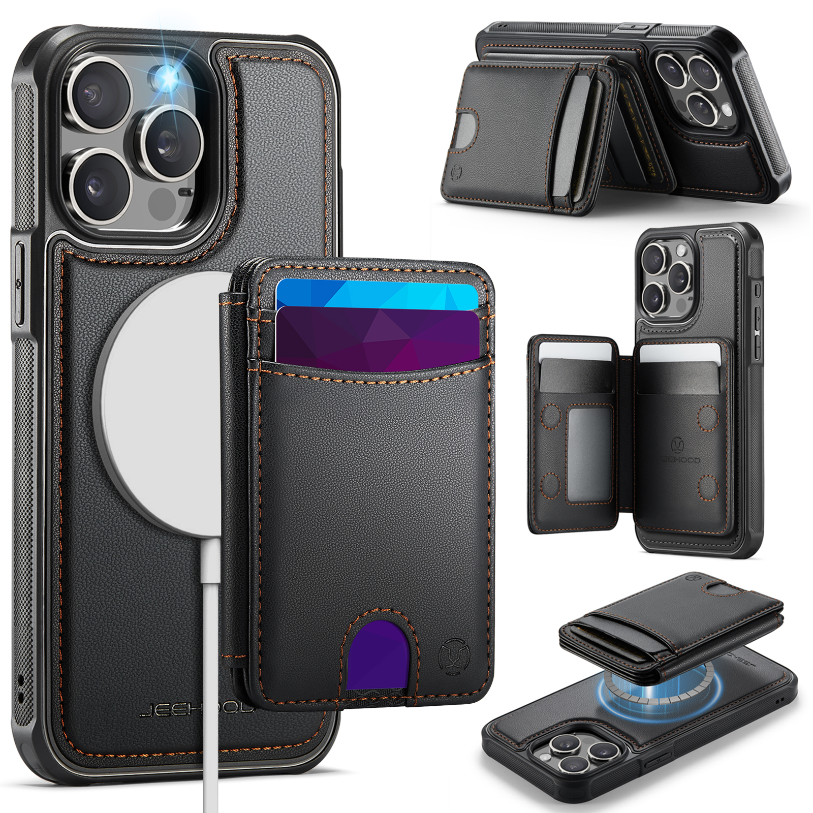 JEEHOOD For iPhone 14 Pro Max Case  J10  Compatible with MagSafe Leather Back Phone Cover with Detachable Card Holder Kickstand - Black