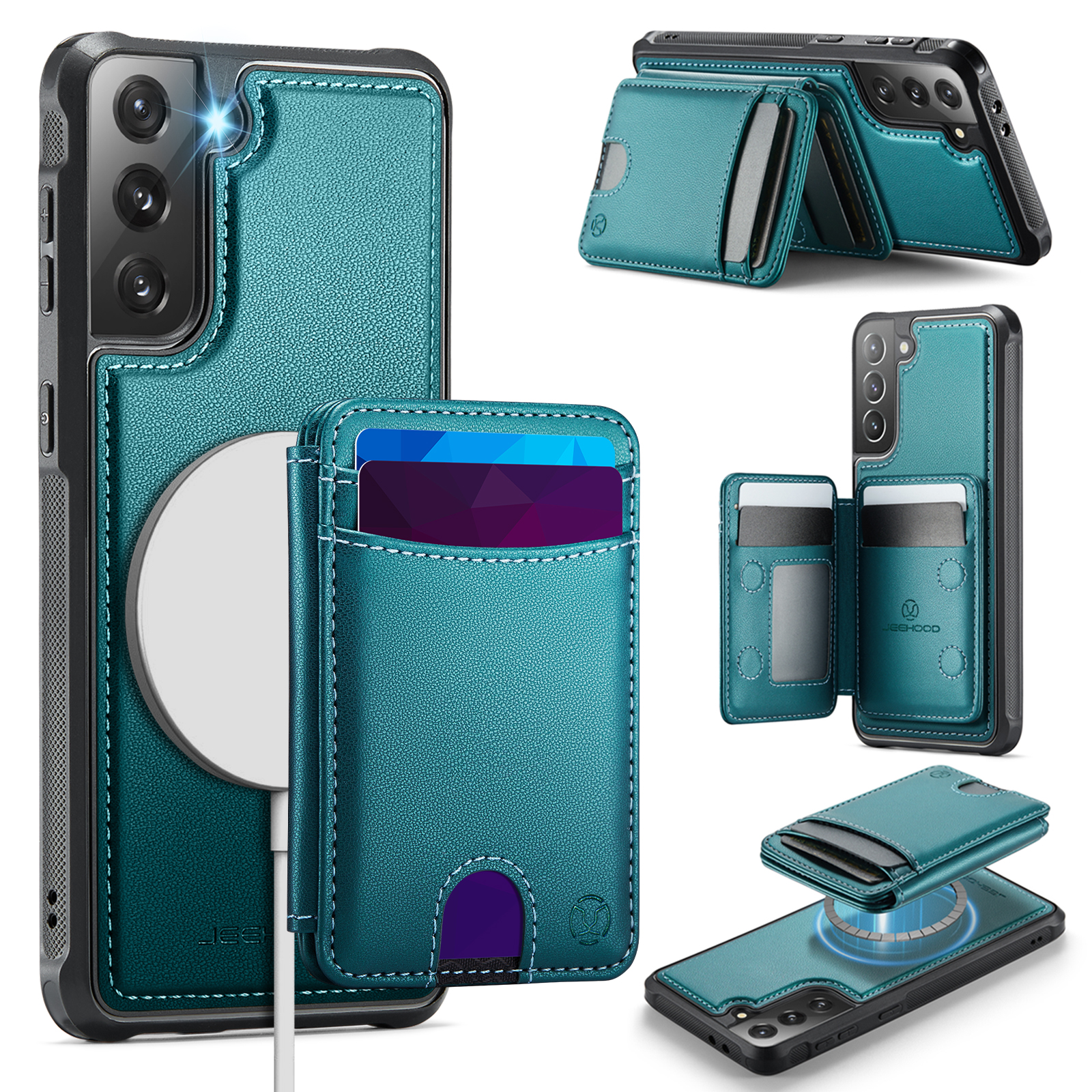 JEEHOOD For Samsung Galaxy S21 5G Case  J10  Magnetic Case Leather Back Phone Cover with Detachable Card Holder Kickstand - Blue