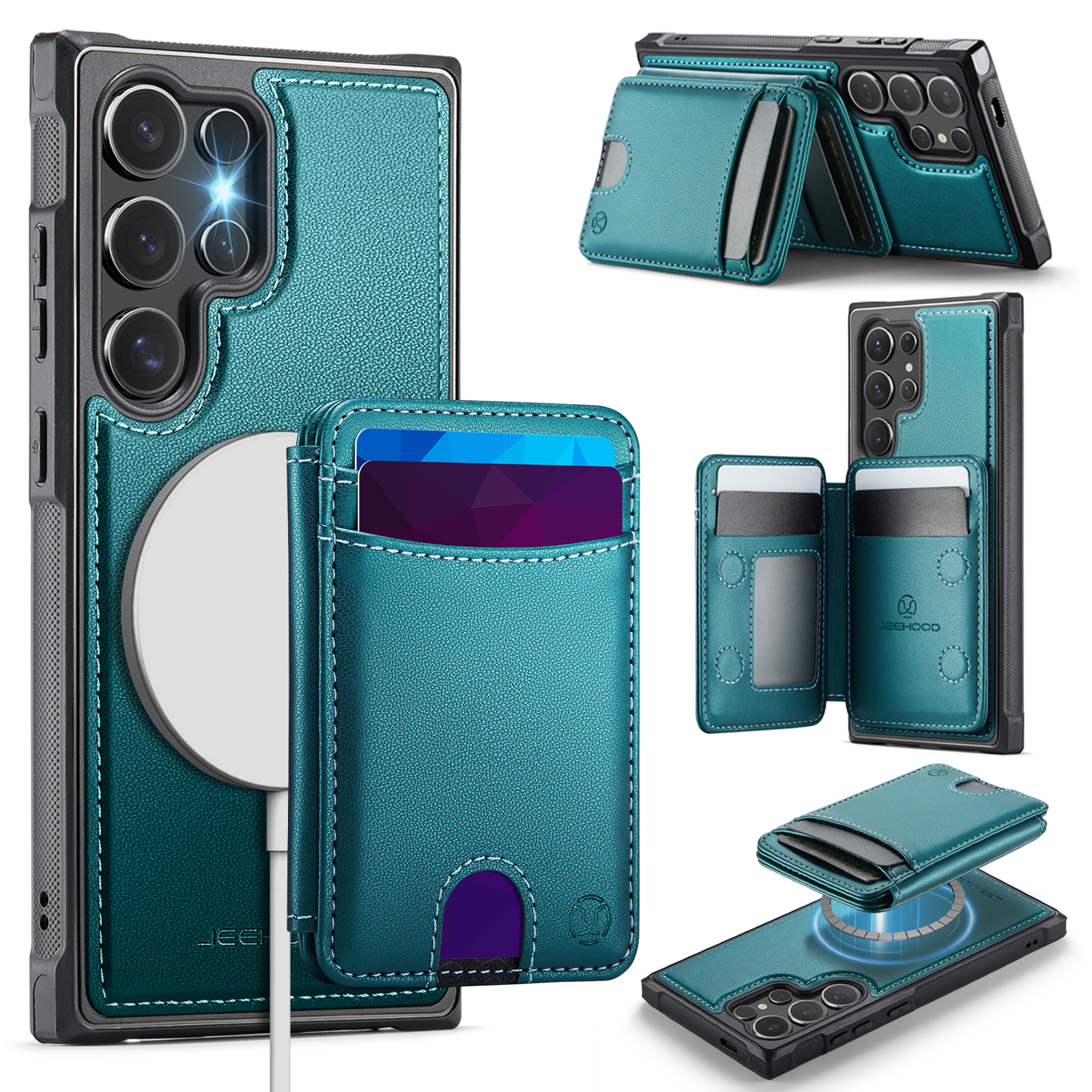 JEEHOOD For Samsung Galaxy S25 Ultra Case  J10 Magnetic Case Leather Back Phone Cover with Detachable Card Holder Kickstand - Blue