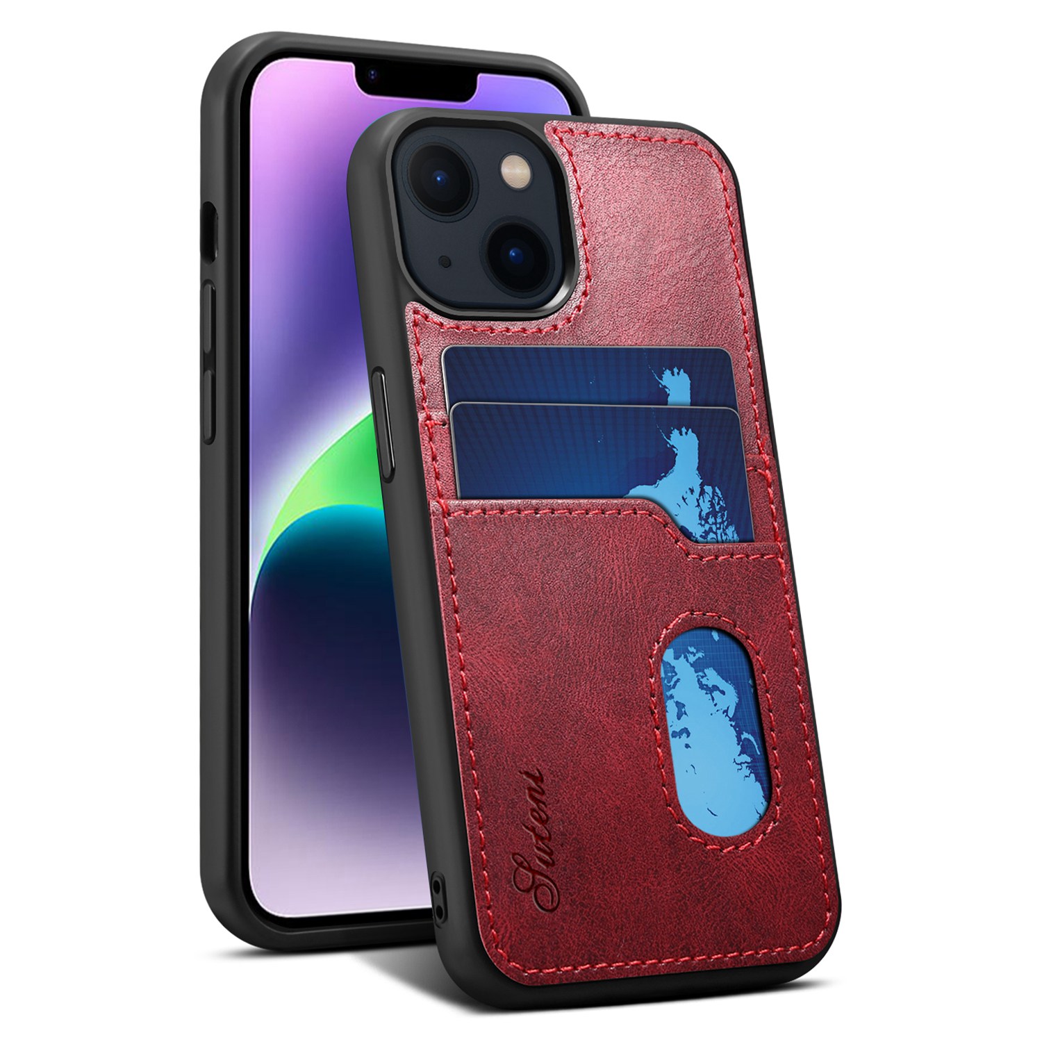 

Suteni H09 Series Для Iphone 14 Drop-proof Cash Case Case Кожаный пк + TPU Сотовый Телефон Задний Телефон с Помощью Слотов Карт - Красный, iPhone 14