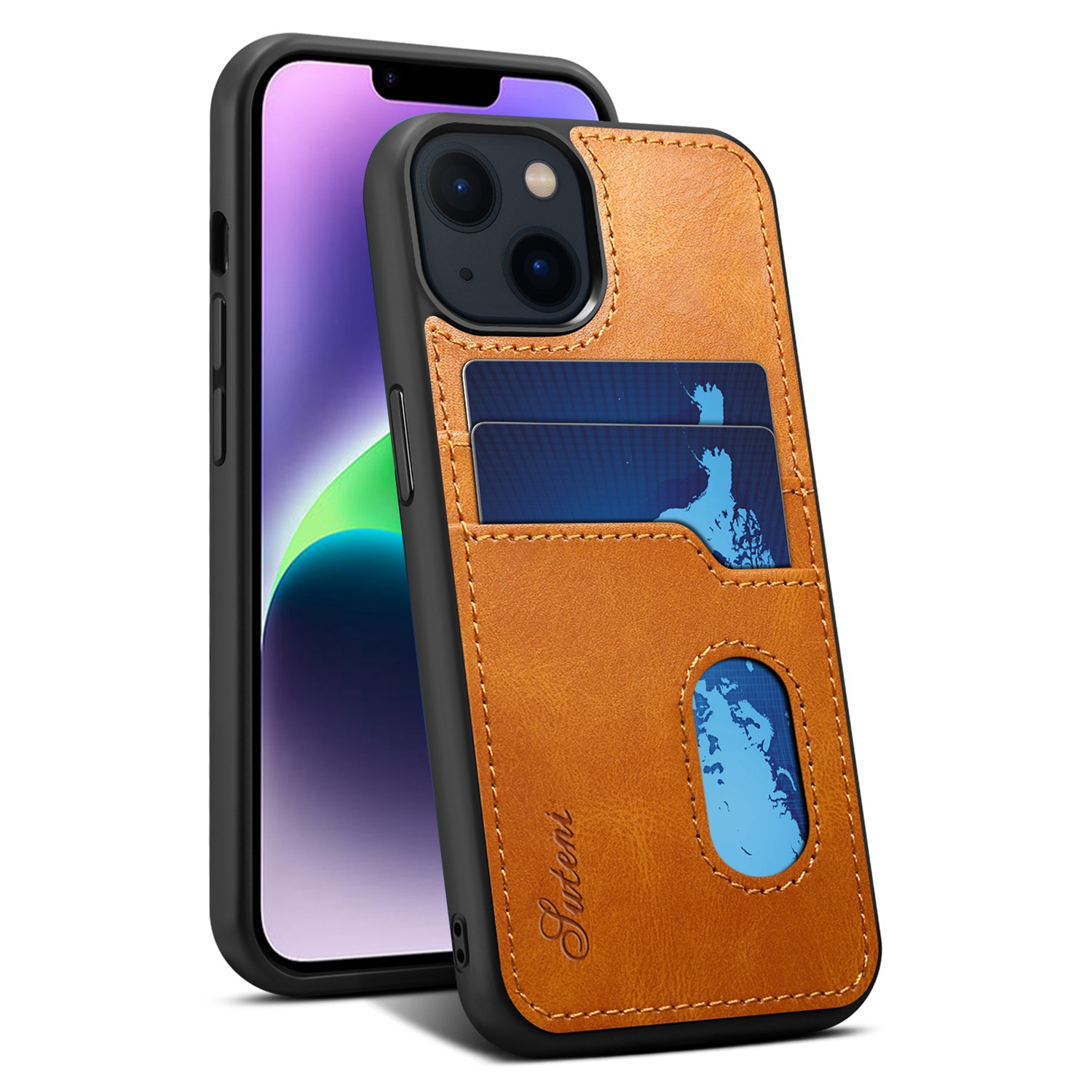 

SUTENI H09 Series for iPhone 14 Drop-proof Phone Case Leather Coated PC + TPU Cell Phone Back Cover with Card Slots - Khaki, iPhone 14