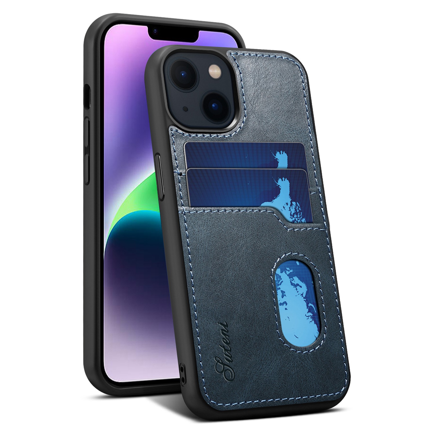 

Suteni H09 Series Для Iphone 14 Drop-proof Cash Case Case Кожаный пк + TPU Сотовый Телефон Задний Телефон с Помощью Слотов Карт - Синий, iPhone 14