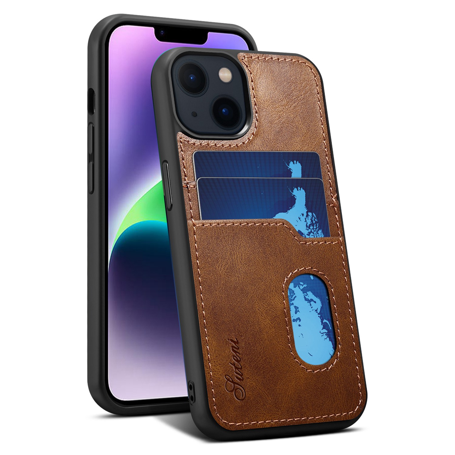 

Suteni H09 Series Для Iphone 14 Drop-proof Cash Case Case Кожаный пк + TPU Сотовый Телефон Задний Телефон с Помощью Слотов Карт - Коричневый, iPhone 14