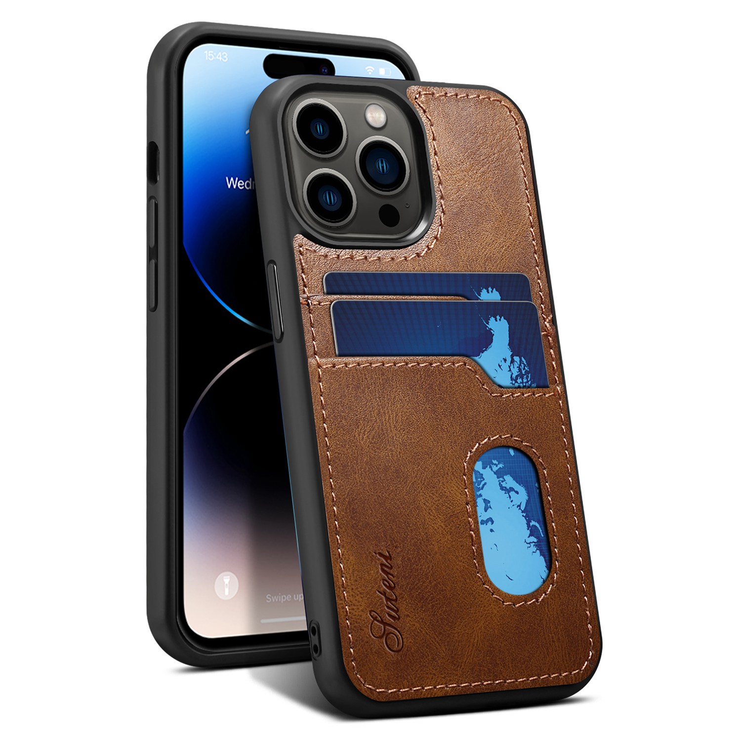 

Серия Suteni H09 Series Chase Phone Phone Для Iphone 14 Pro Pro, Покрытый PC + Tpu, Обложка Сотового Телефона с Картами. - Коричневый, iPhone 14 Pro