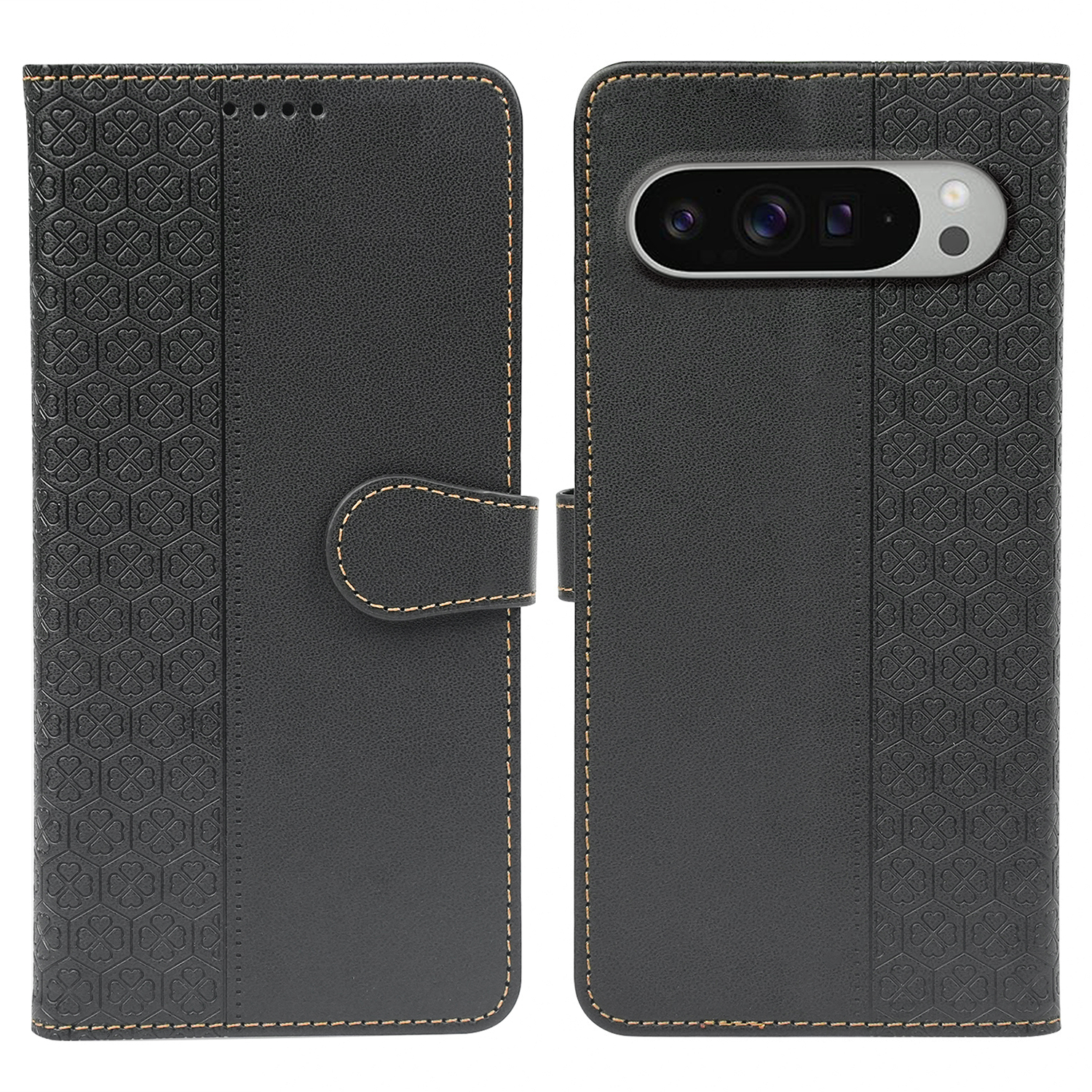 For Google Pixel 10 / 10 Pro Case Magnetic Clasp Four Leaf Clover Leather Phone Cover - Black