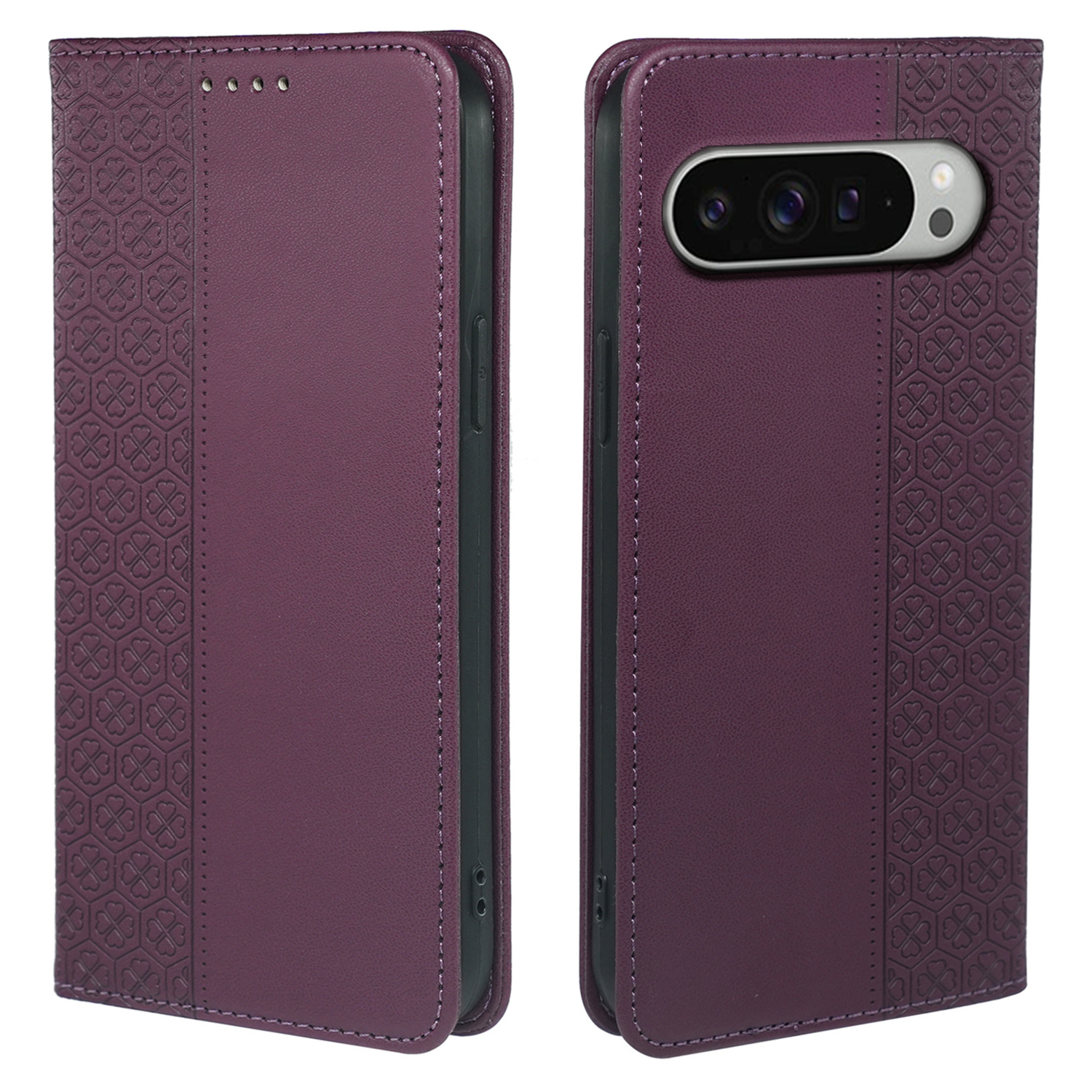 For Google Pixel 10 Pro XL Case Four Leaf Clover Leather Flip Phone Cover Stand Wallet - Dark Purple