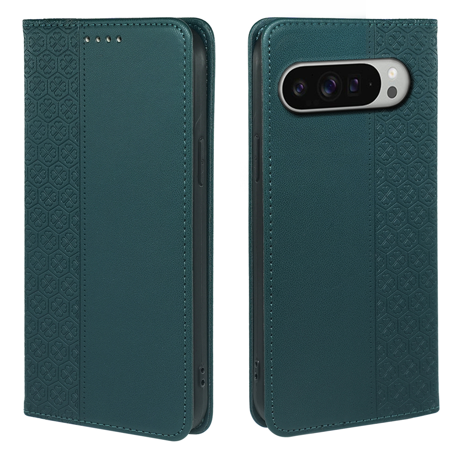 For Google Pixel 10 Pro XL Case Four Leaf Clover Leather Flip Phone Cover Stand Wallet - Green