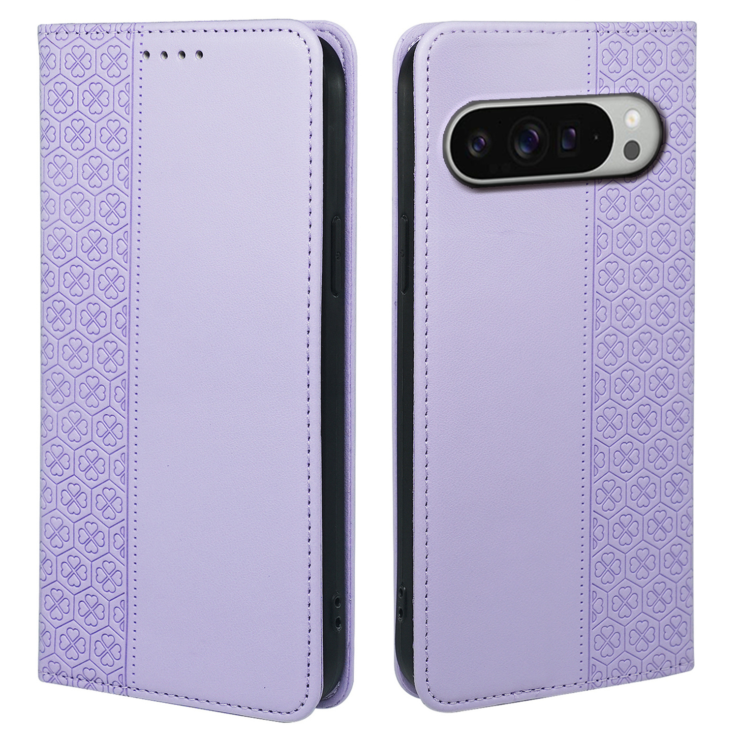 For Google Pixel 10 Pro XL Case Four Leaf Clover Leather Flip Phone Cover Stand Wallet - Light Purple