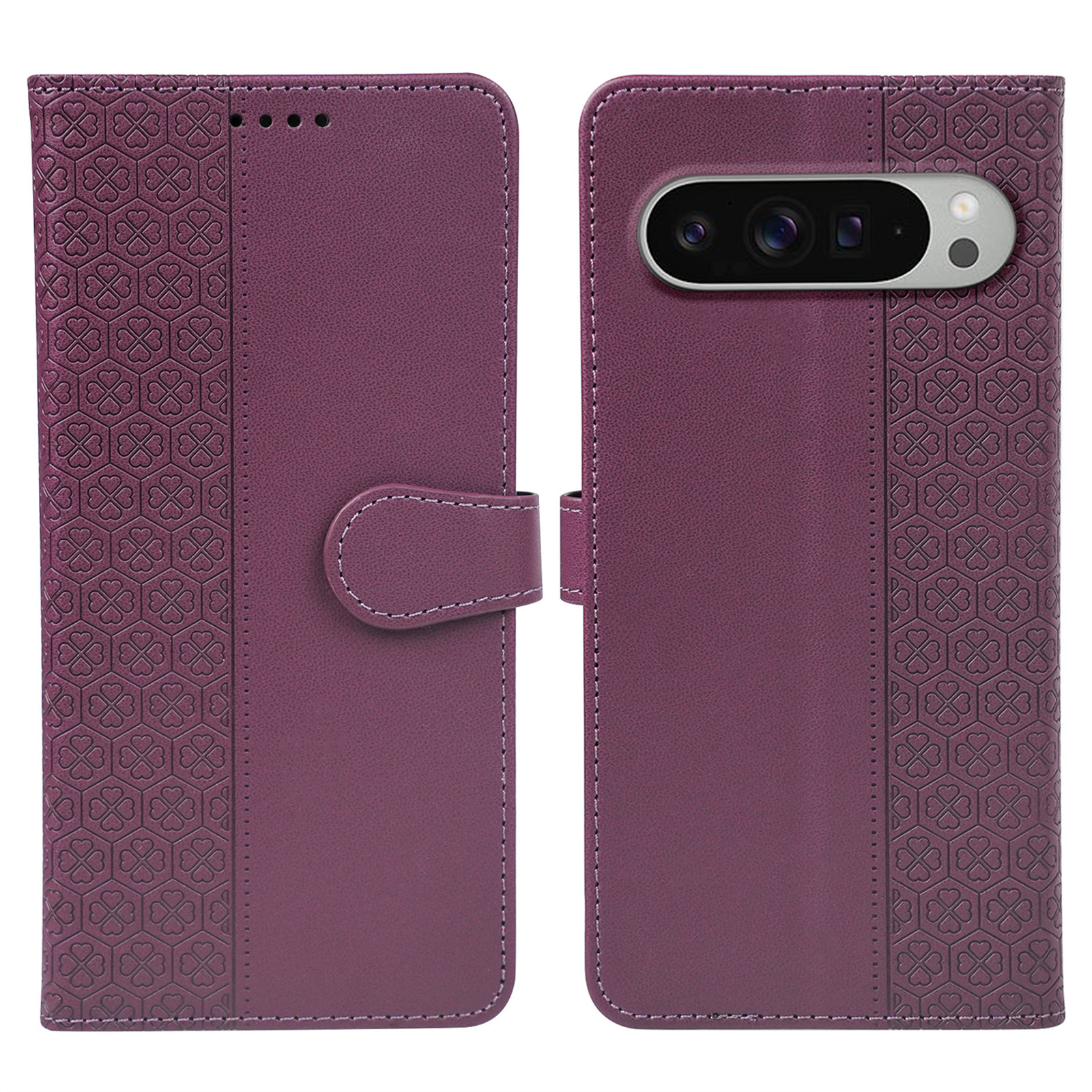 For Google Pixel 10 Pro XL Case Magnetic Clasp Four Leaf Clover Leather Phone Cover - Dark Purple