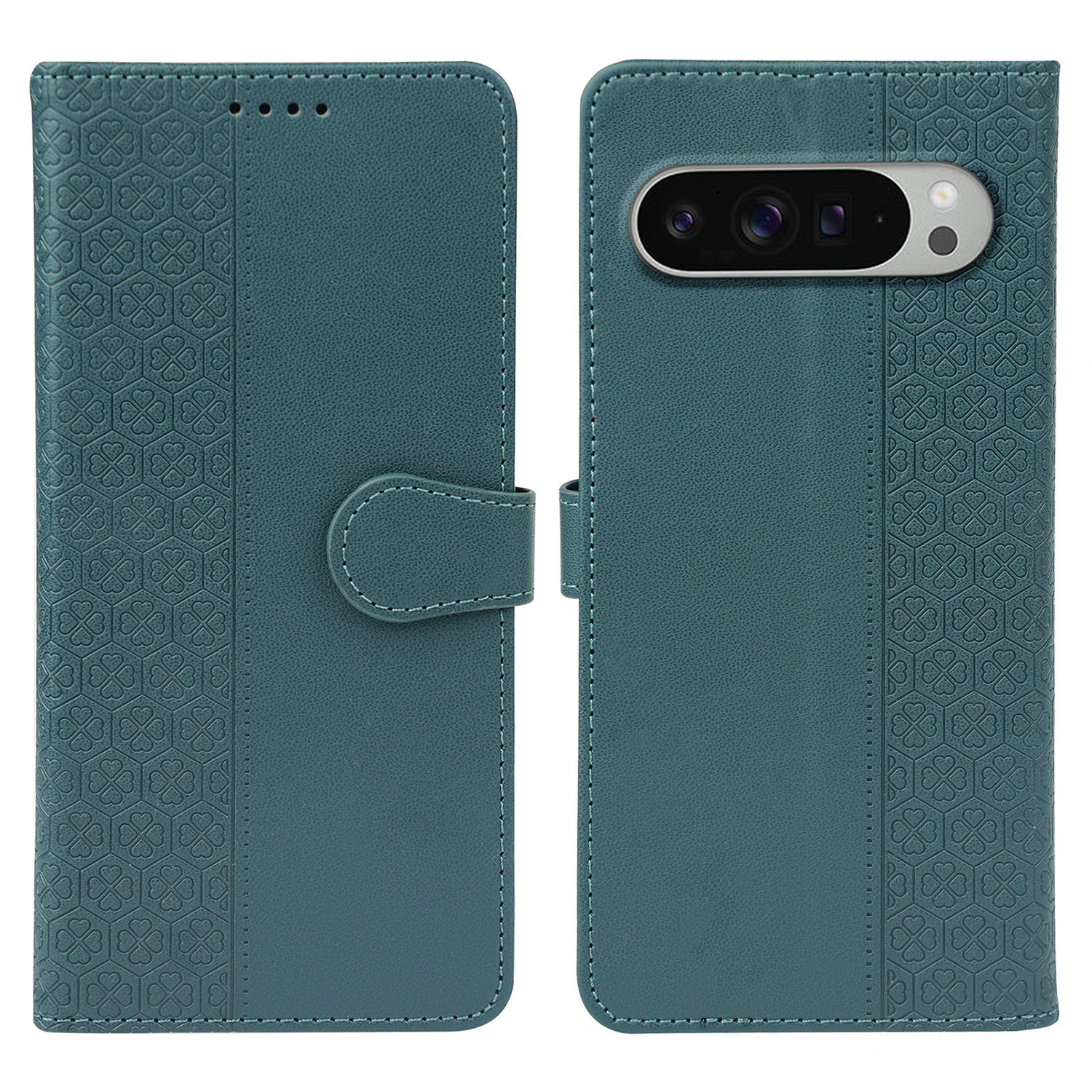 For Google Pixel 10 Pro XL Case Magnetic Clasp Four Leaf Clover Leather Phone Cover - Green