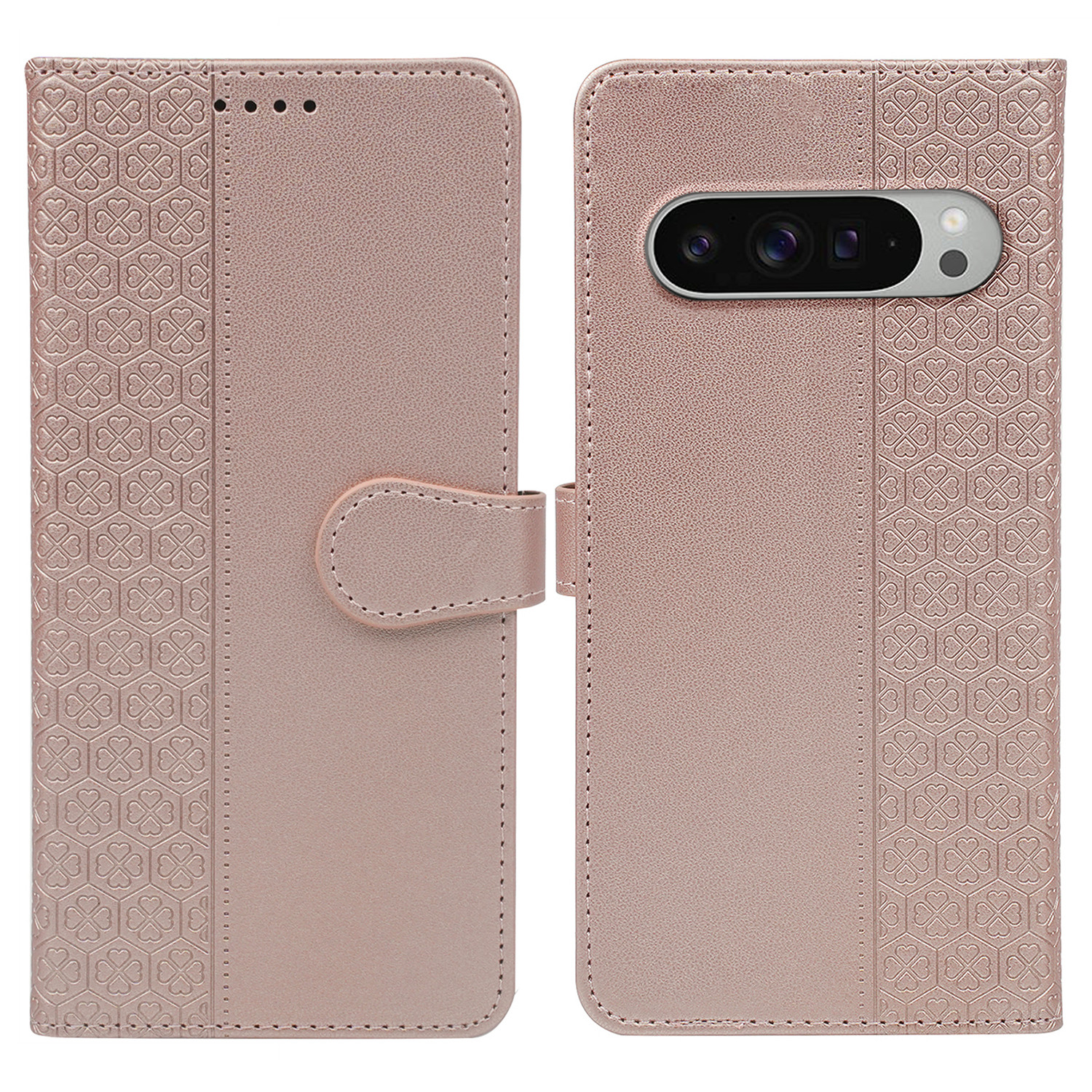 For Google Pixel 10 Pro XL Case Magnetic Clasp Four Leaf Clover Leather Phone Cover - Rose Gold