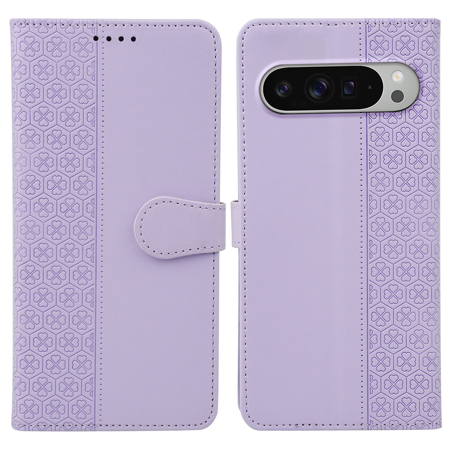 For Google Pixel 10 Pro XL Case Magnetic Clasp Four Leaf Clover Leather Phone Cover - Light Purple