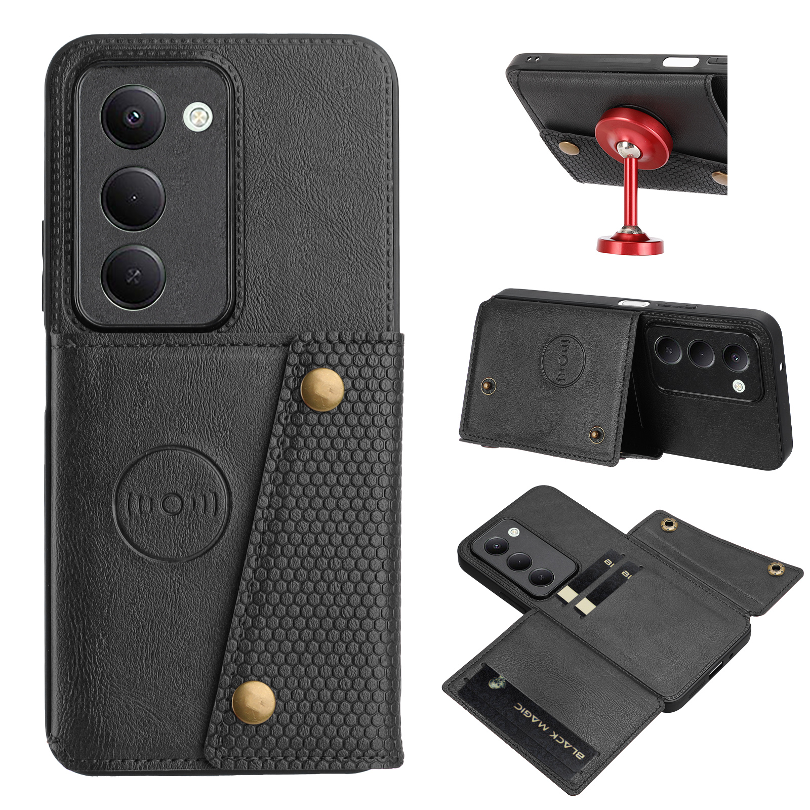For Xiaomi Redmi 15 5G (EU) (171mm) Case with Card Slots Kickstand Leather + TPU Phone Cover - Black