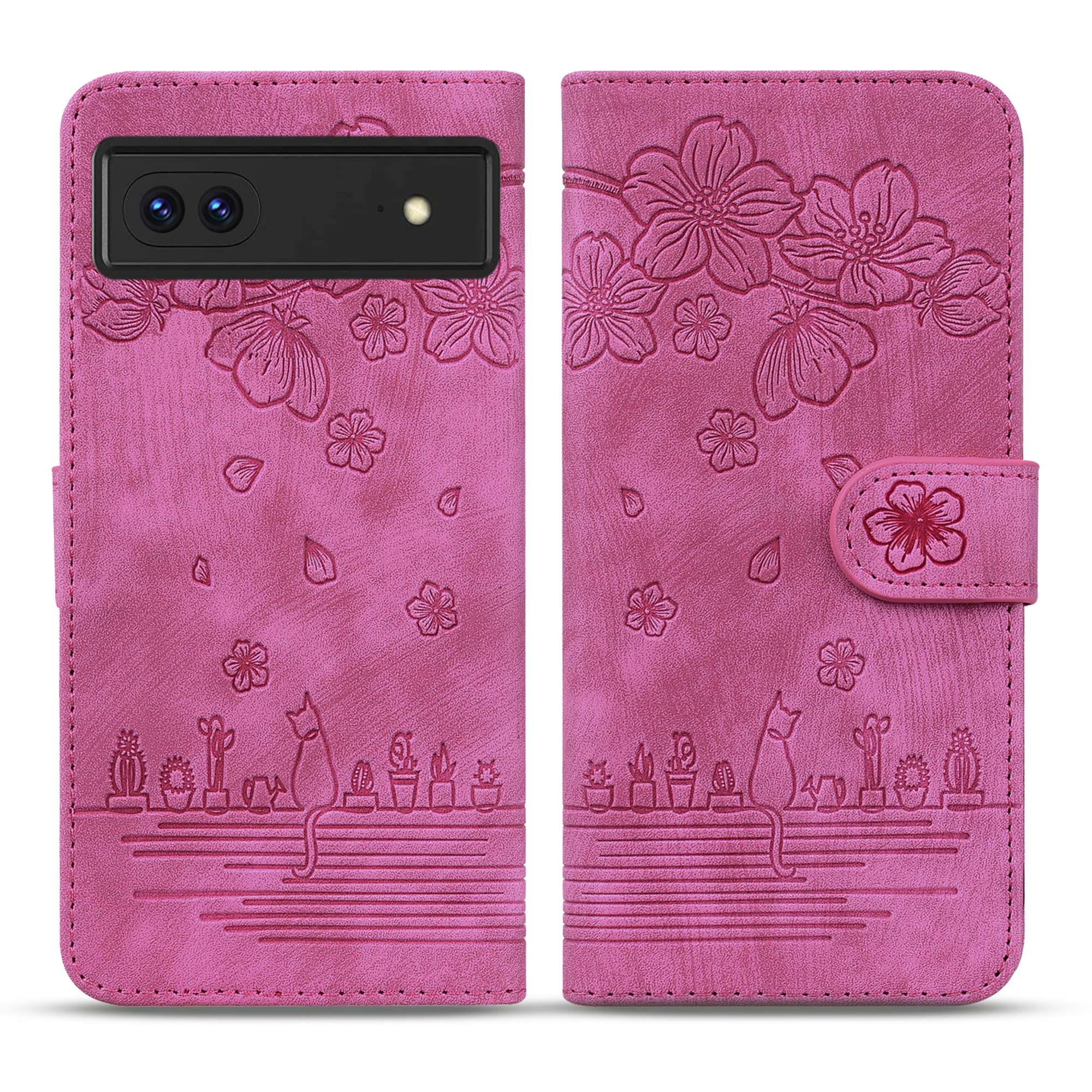 

Für Google Pixel 7 5G Eingeprägte Kirschblütenkatze Katze PU Leder Hülle Wallet Stand Telefonabdeckung Mit Riemen - Rose, Google Pixel 7 5G
