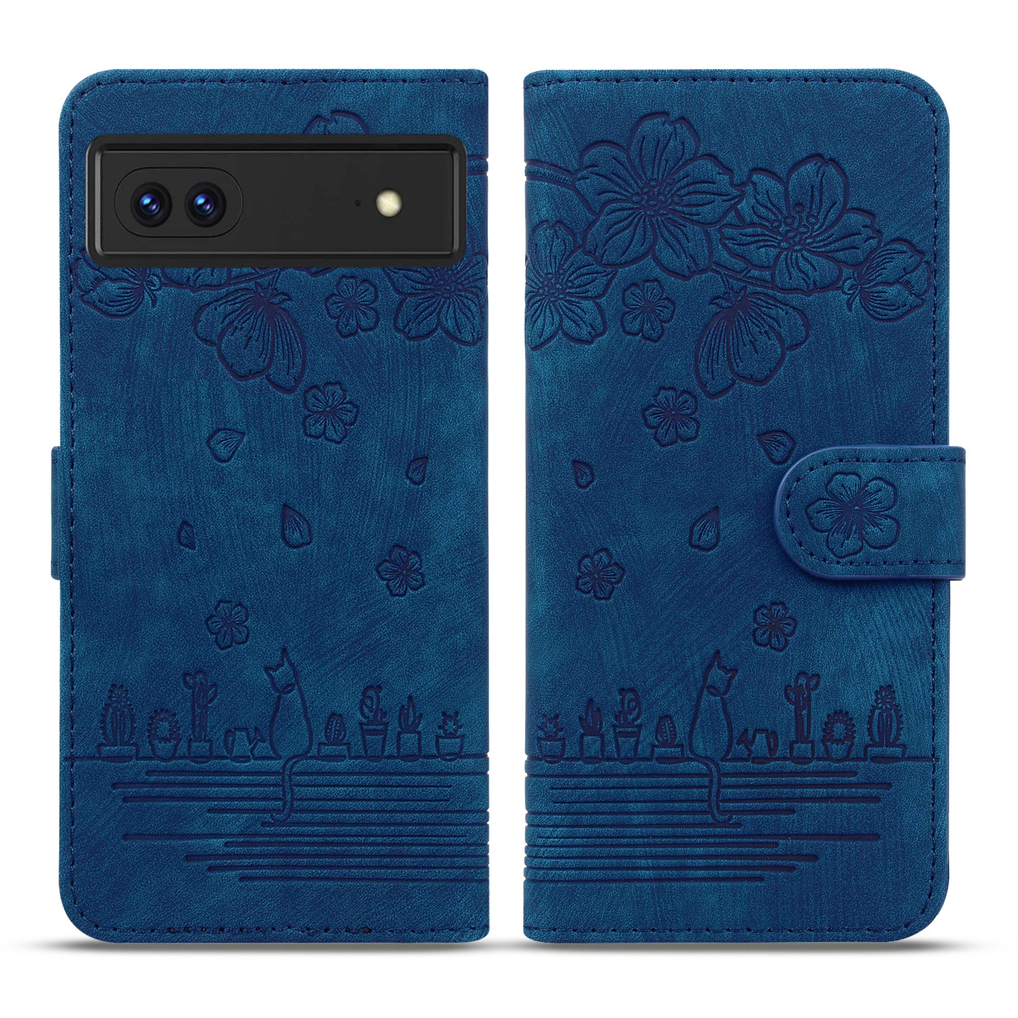 

Für Google Pixel 7 5G Eingeprägte Kirschblütenkatze Katze PU Leder Hülle Wallet Stand Telefonabdeckung Mit Riemen - Blau, Google Pixel 7 5G
