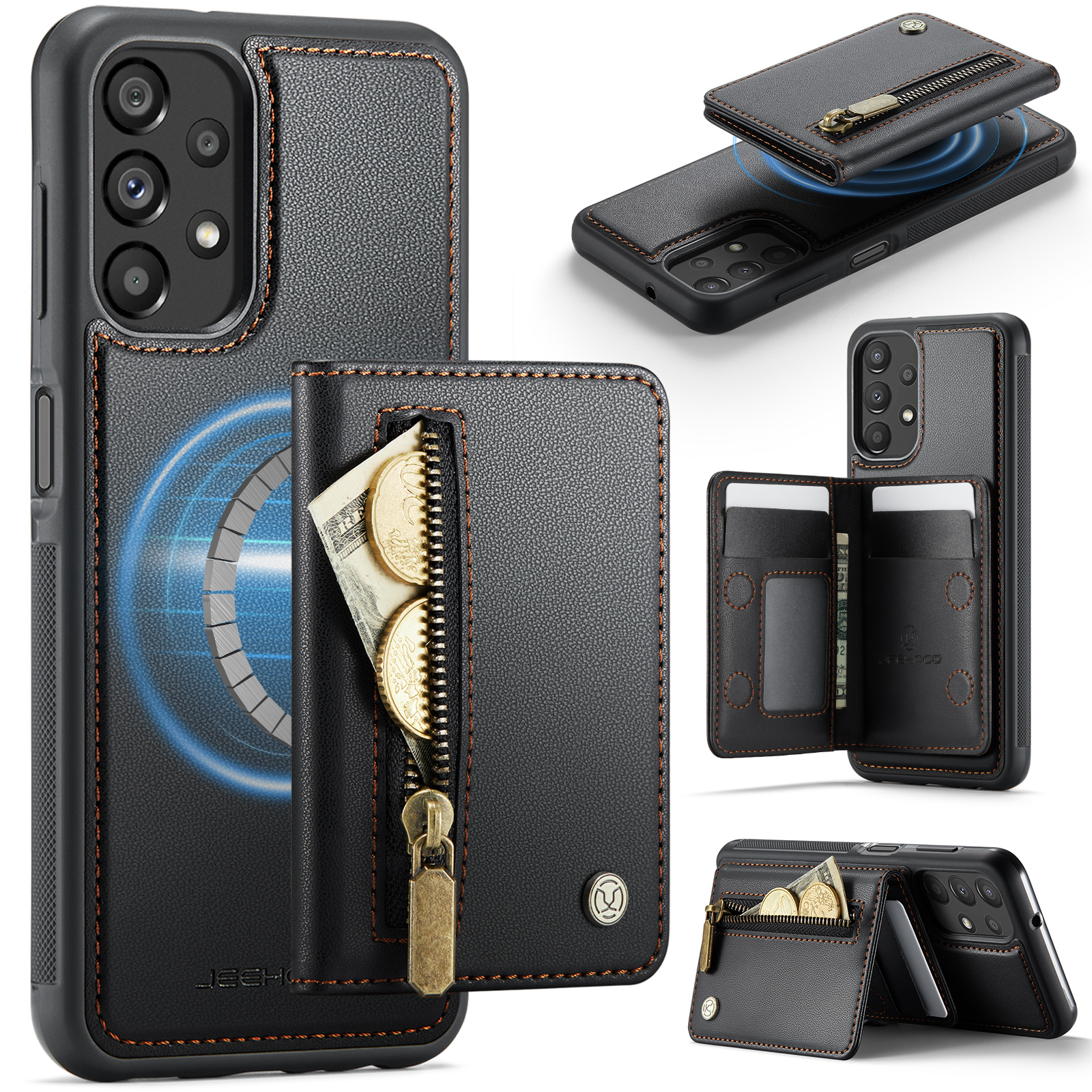 JEEHOOD For Samsung Galaxy A13 4G / Galaxy A04s 4G (164.7mm) / Galaxy A13 5G Case  J12 Magnetic Detachable Zipper Wallet Kickstand Leather Back Cover 