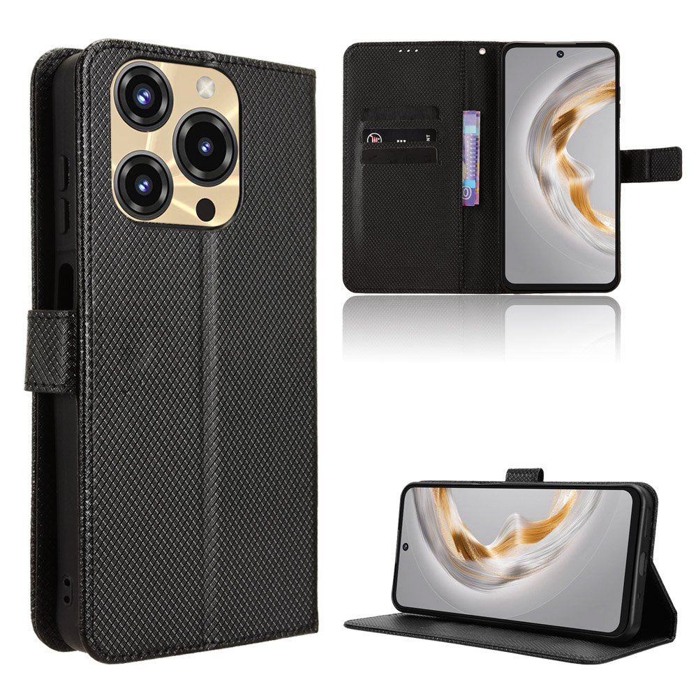 For Oukitel C69 Leather Wallet Case with Strap Diamond Texture Phone Cover - Black