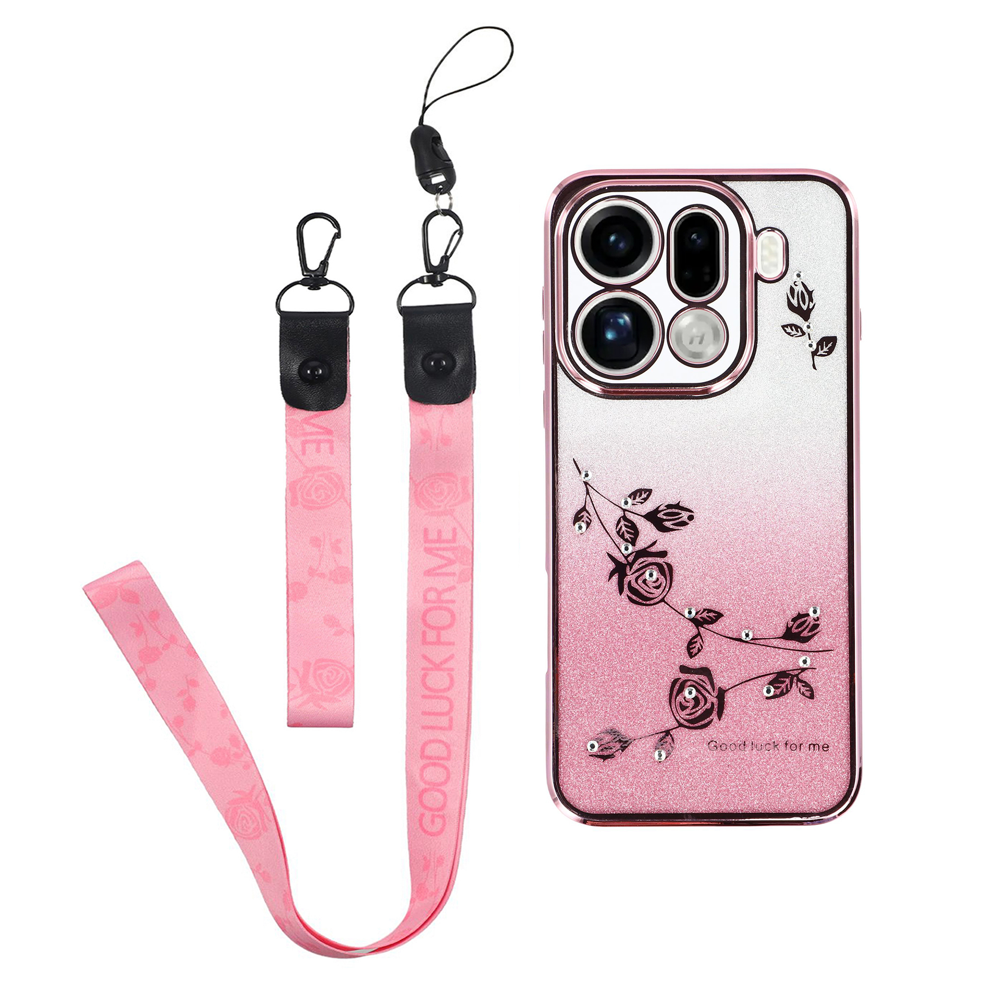 KADEM For Oppo Find X9 Pro 5G Case Flower Pattern TPU Gradient Phone Cover with Lanyards - Rose Gold