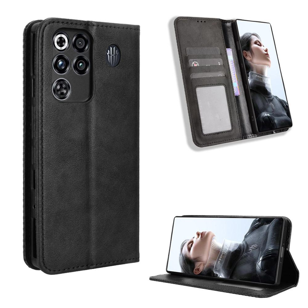 For ZTE nubia RedMagic 11 Pro+ 5G / ZTE nubia RedMagic 11 Pro 5G Leather Case Wallet Stand Retro Texture Phone Cover - Black