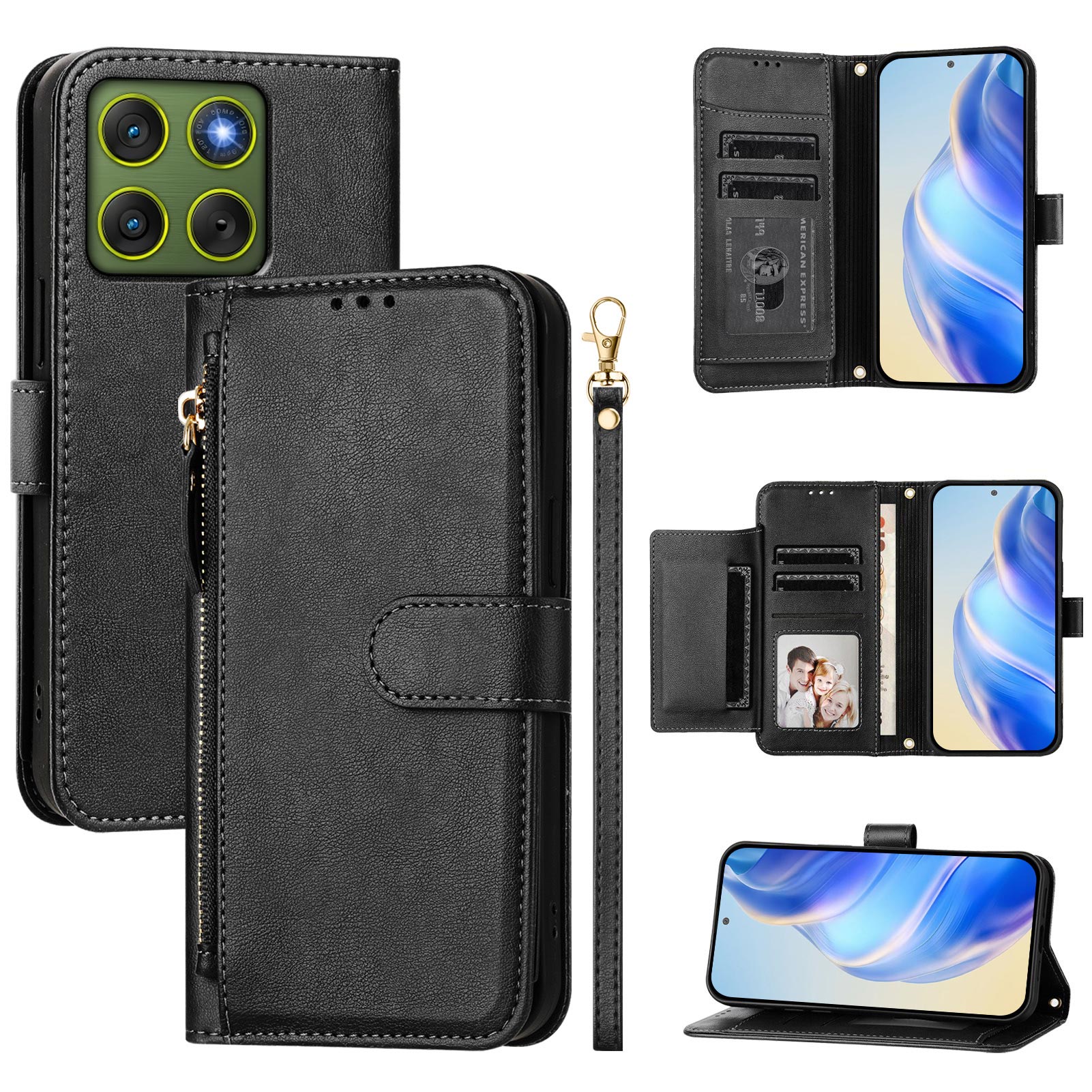 For Motorola Edge 70 5G Case Zipper Pocket Multiple Card Slots Leather Phone Cover - Black