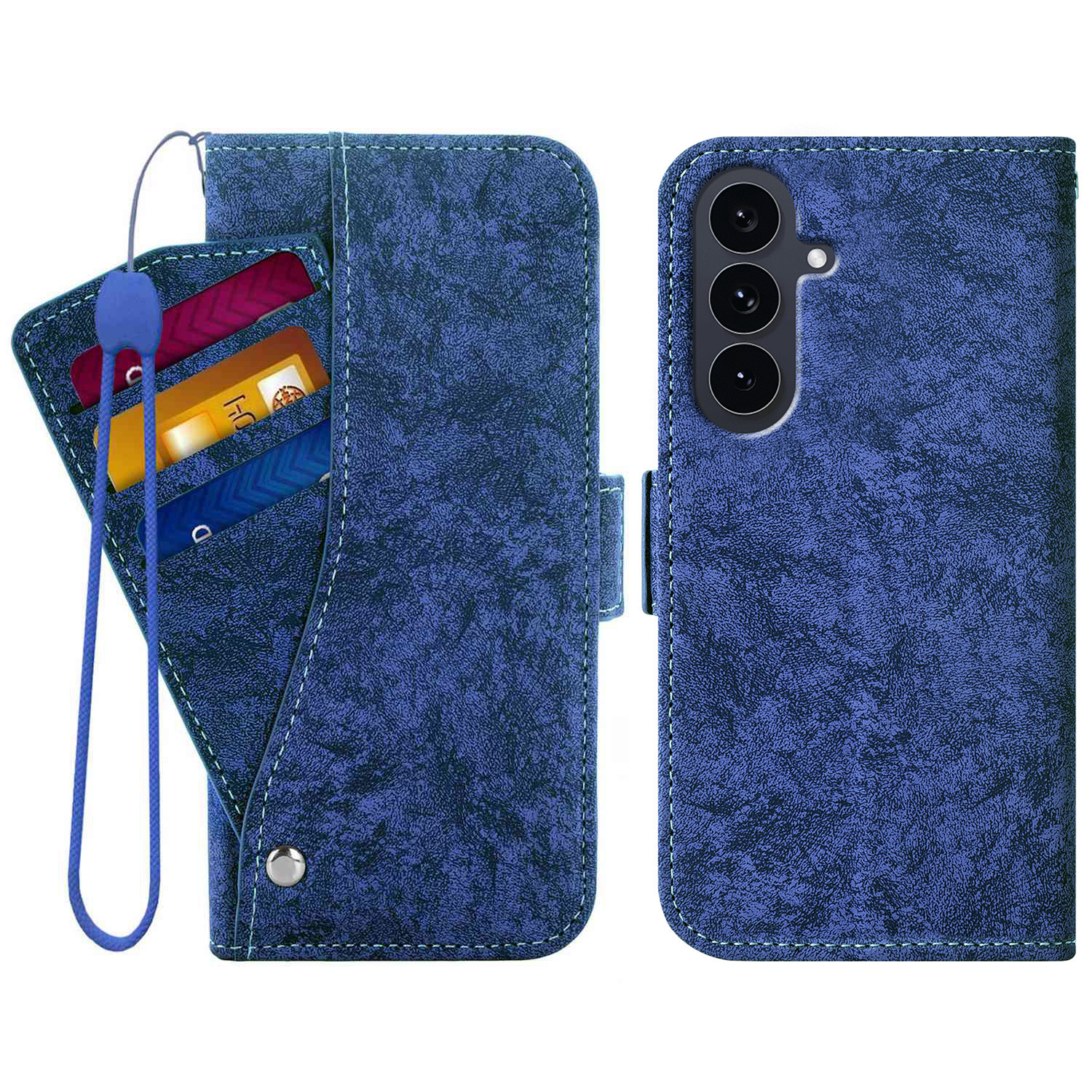 For Samsung Galaxy S25 FE Case Water-ink Painting Wallet PU Leathe Phone Cover with Rotating Card Slots - Blue