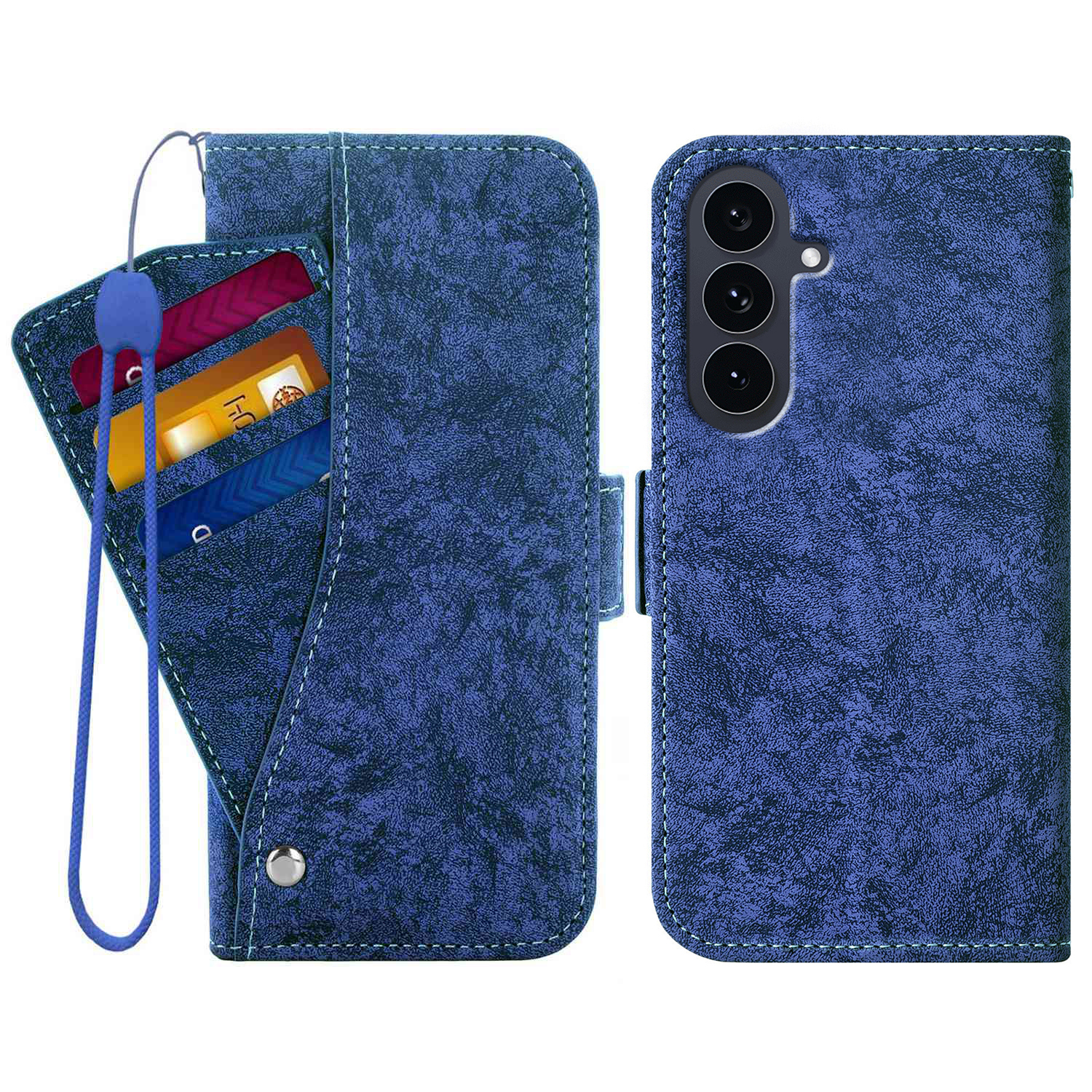 For Samsung Galaxy A55 5G Case Water-ink Painting Wallet PU Leathe Phone Cover with Rotating Card Slots - Blue