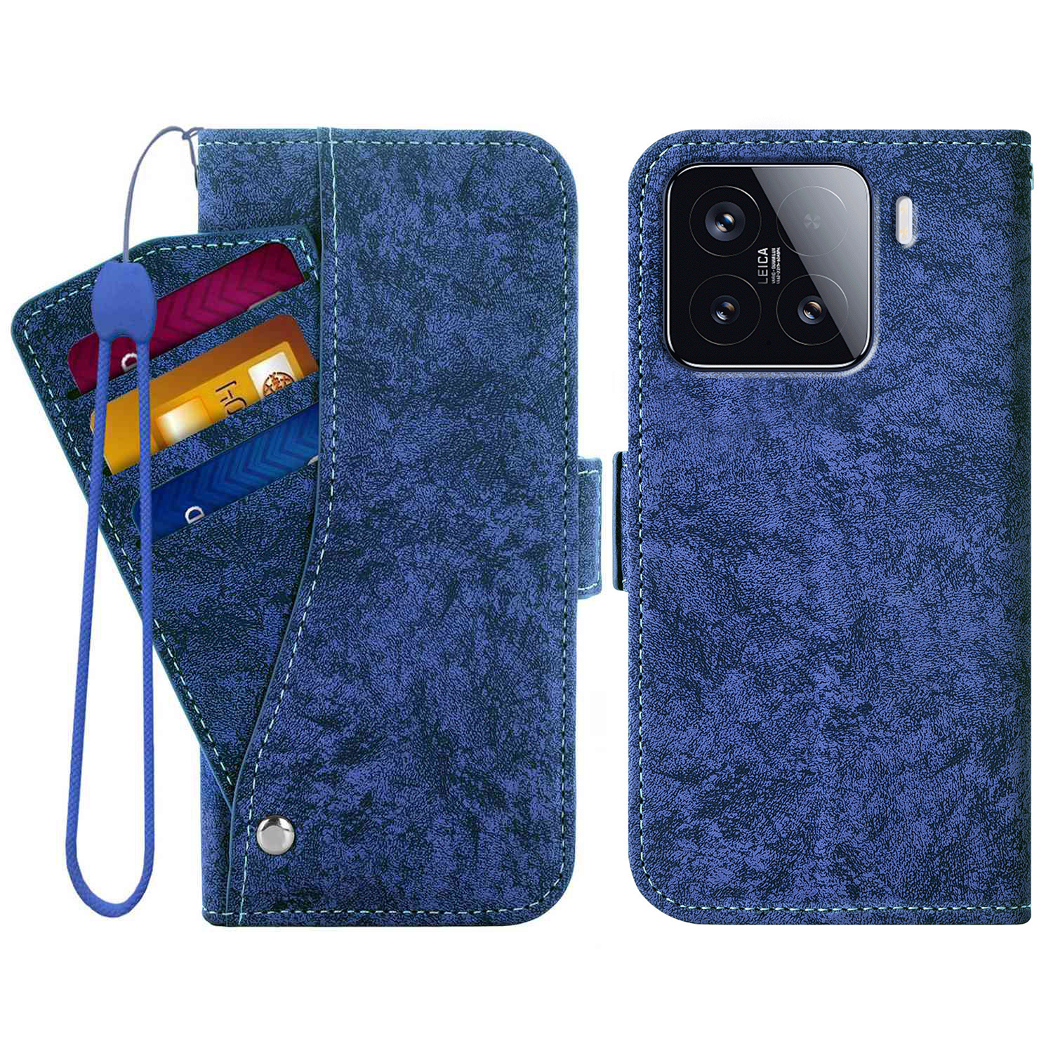 For Xiaomi 15 Case Water-ink Painting Wallet PU Leathe Phone Cover with Rotating Card Slots - Blue