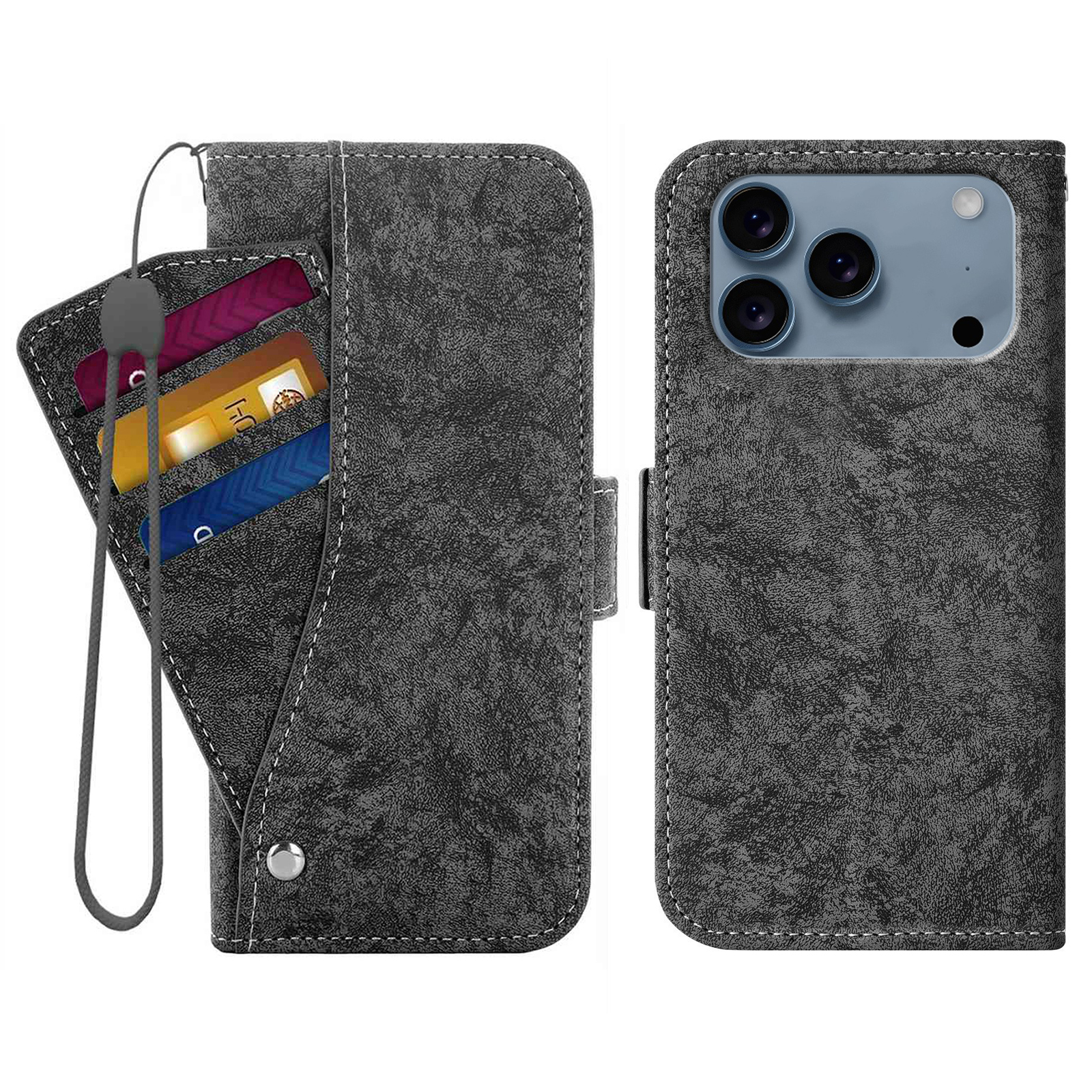 For iPhone 17 Pro Max Case Water-ink Painting Wallet PU Leathe Phone Cover with Rotating Card Slots - Black