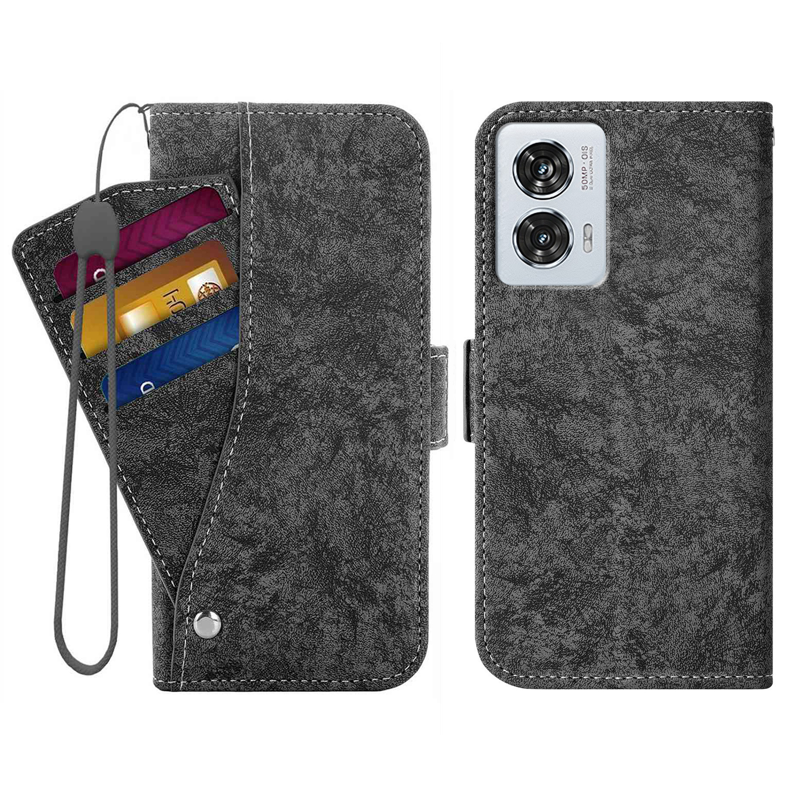 For Motorola Edge 50 Fusion 5G Case Water-ink Painting Wallet PU Leathe Phone Cover with Rotating Card Slots - Black