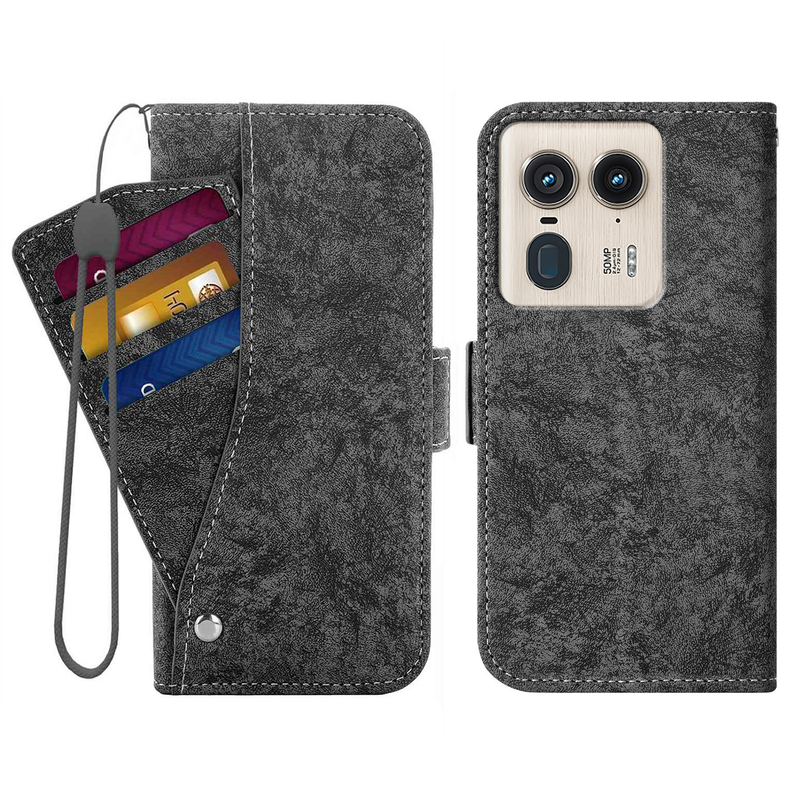 For Motorola Edge 50 Ultra 5G Case Water-ink Painting Wallet PU Leathe Phone Cover with Rotating Card Slots - Black
