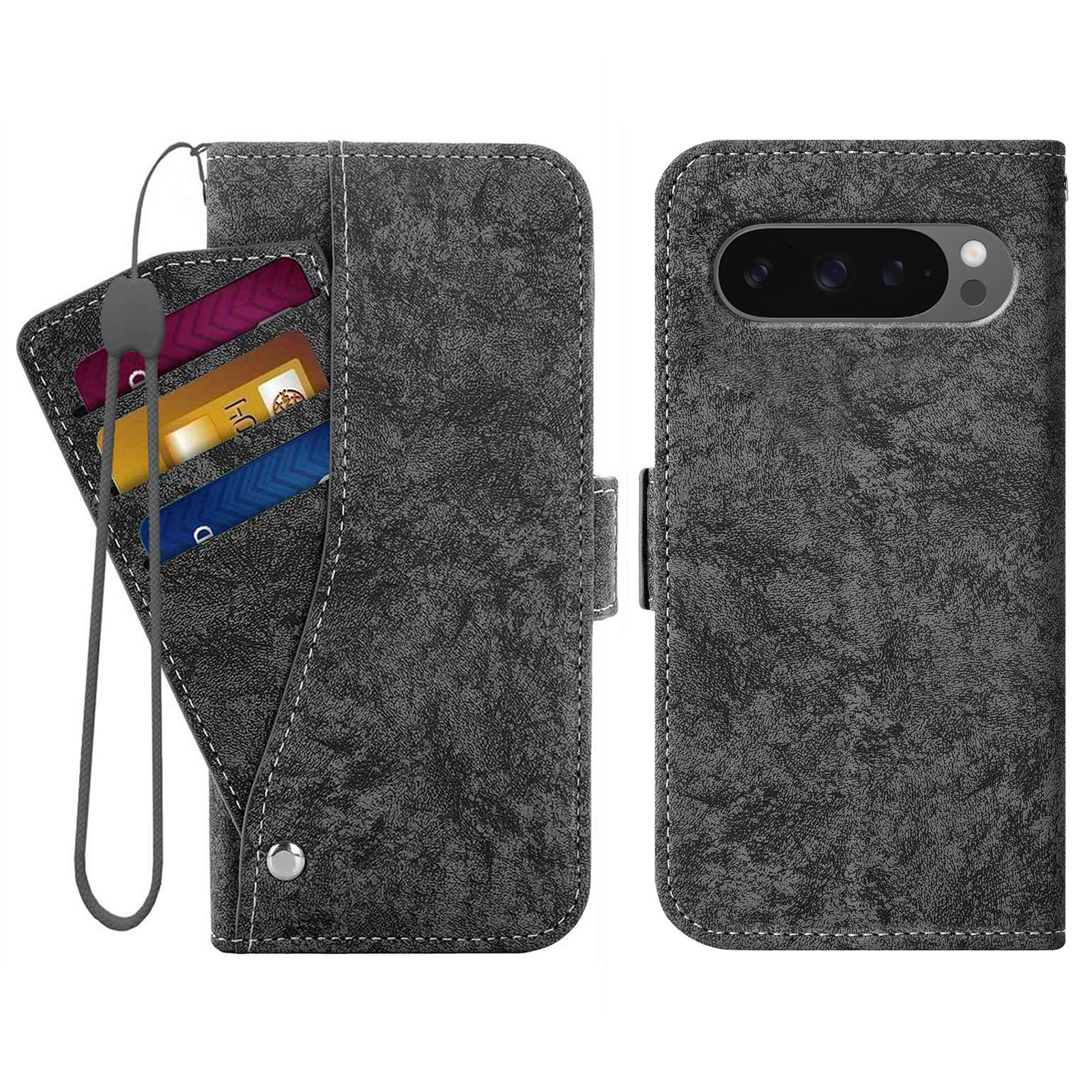 For Google Pixel 10 Pro XL  /  9 Pro XL Case Water-ink Painting Wallet PU Leathe Phone Cover with Rotating Card Slots - Black