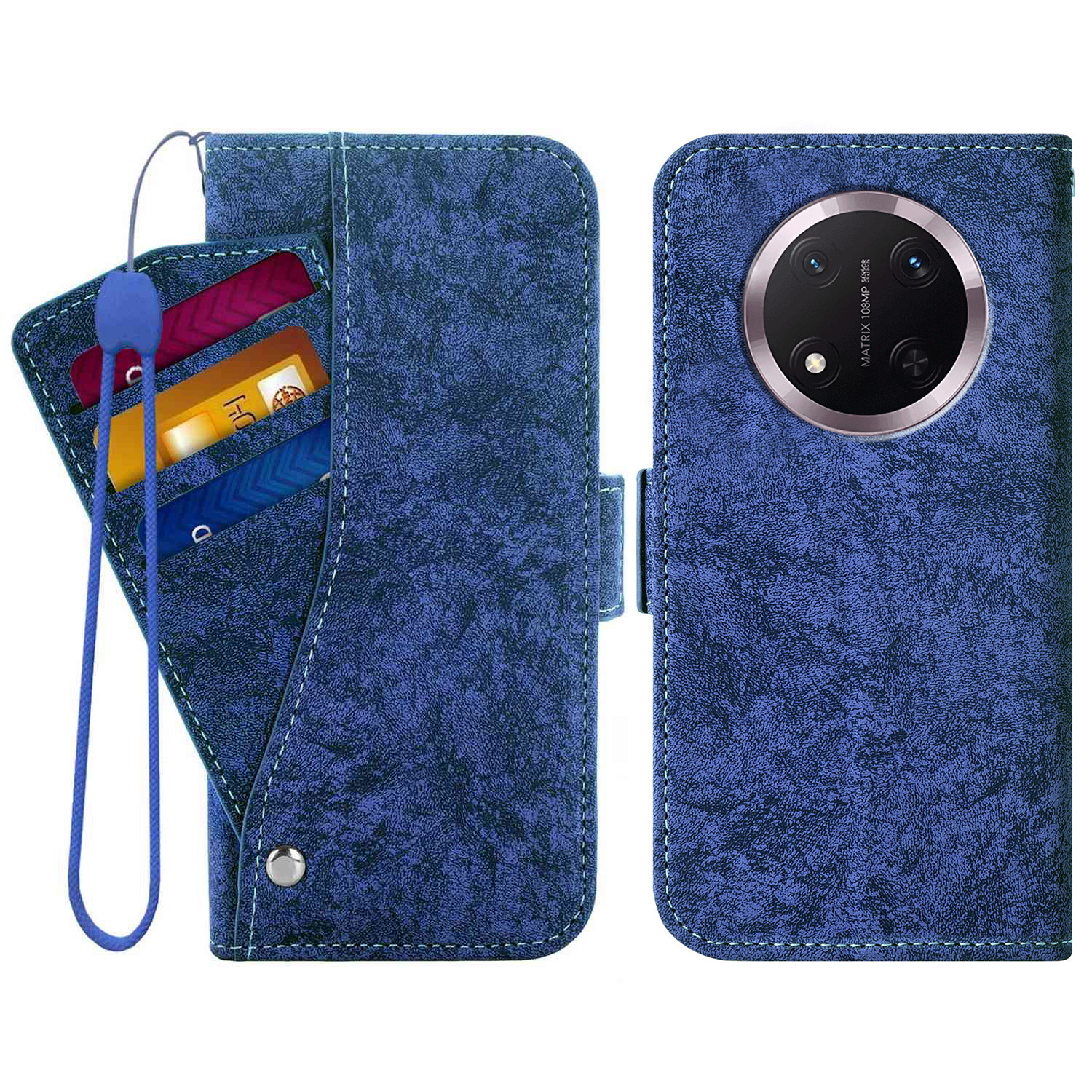 For Honor Magic7 Lite 5G  /  X9c 5G  /  X60 Pro 5G Case Water-ink Painting Wallet PU Leathe Phone Cover with Rotating Card Slots - Blue