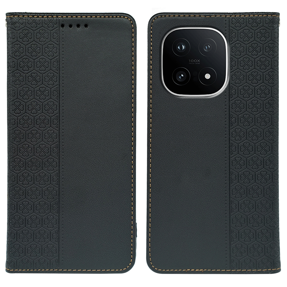 For vivo iQOO 15 5G Case Four Leaf Clover Leather Flip Phone Cover Stand Wallet - Black